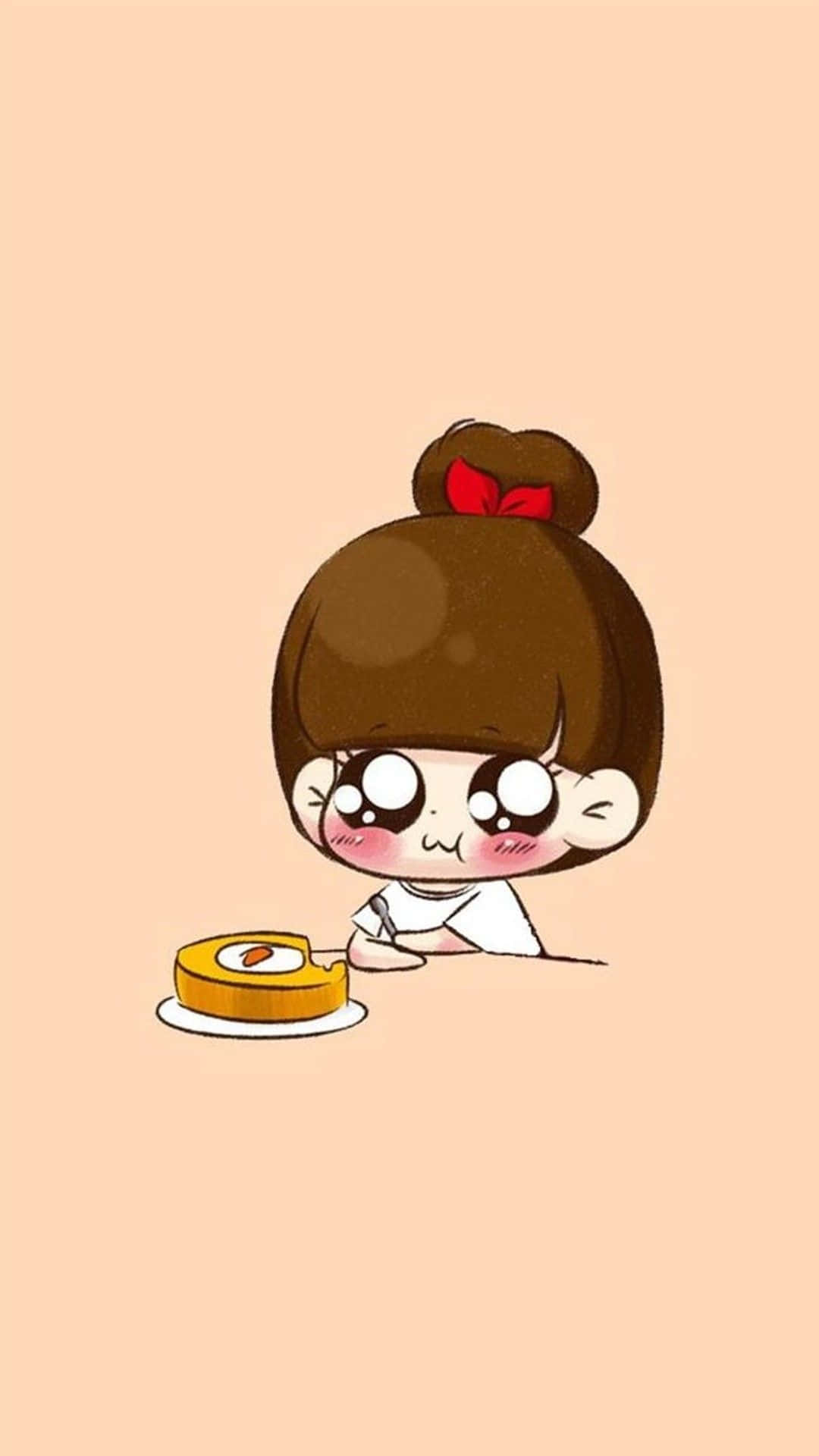 iPhone上色彩繽紛的美味食物 壁紙 — 一個可愛的卡通女孩，棕色頭髮和紅色蝴蝶結，深情地凝視著盤子裡的一塊蛋糕。