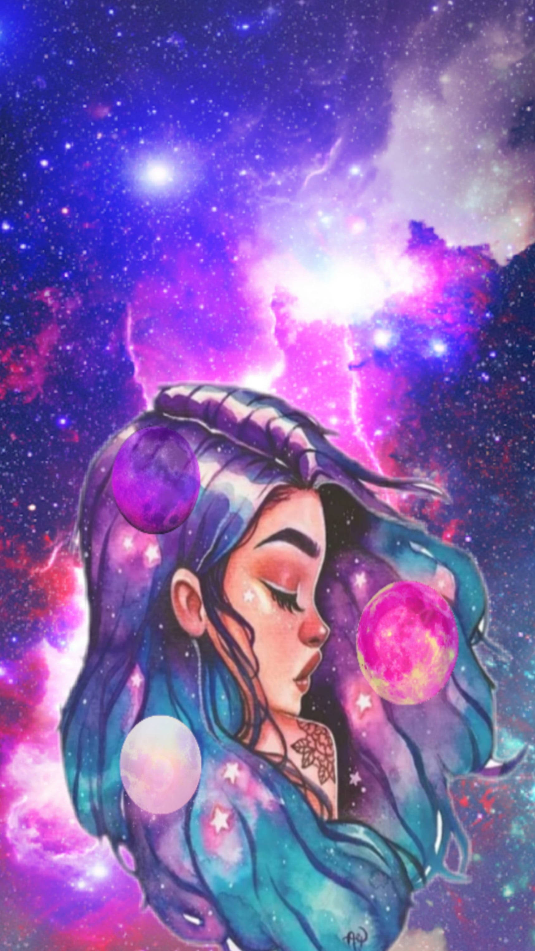 藍髮美女星際iPhone壁紙 壁紙 — 一位寧靜的女子，長髮飄逸，懷抱著發光的球體，背景是充滿活力的宇宙星雲。