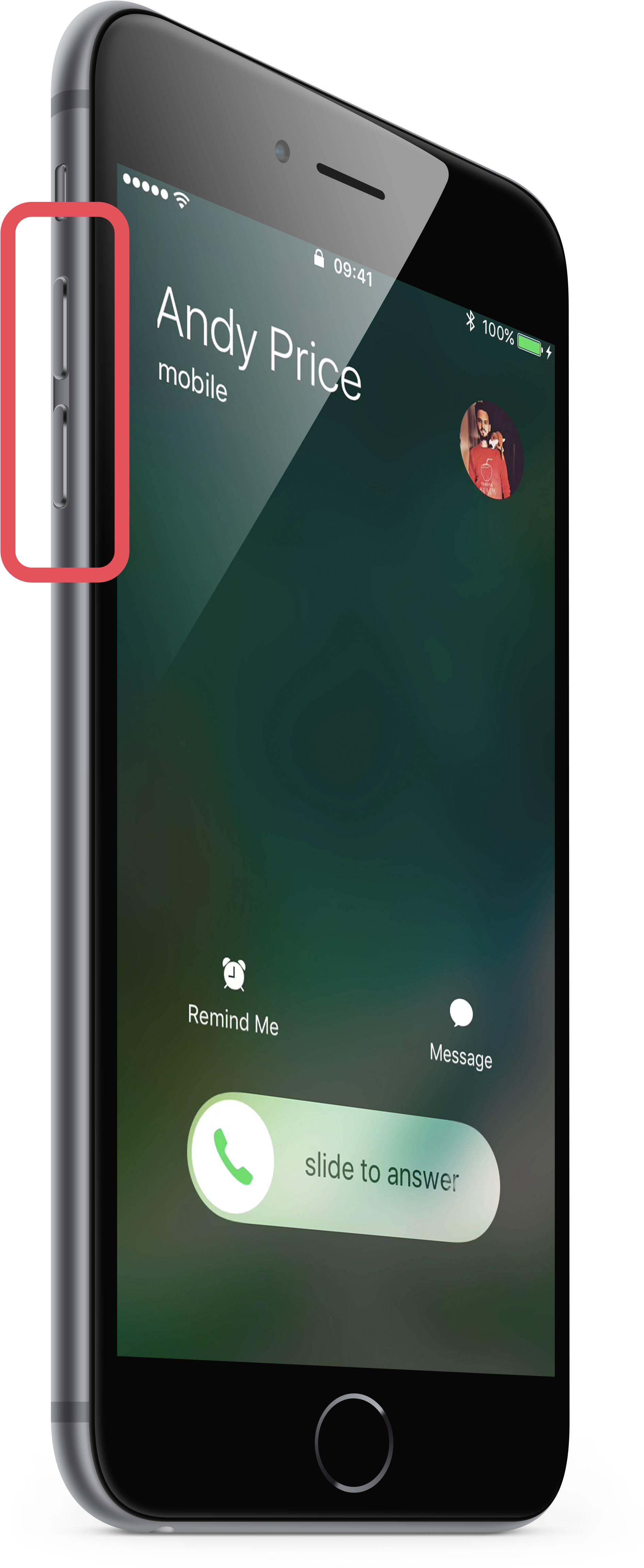 iPhone來電螢幕 壁紙 — 一部時尚的黑色 iPhone 顯示來自 Andy Price 的來電，帶有綠色漸變背景和滑動接聽界面。