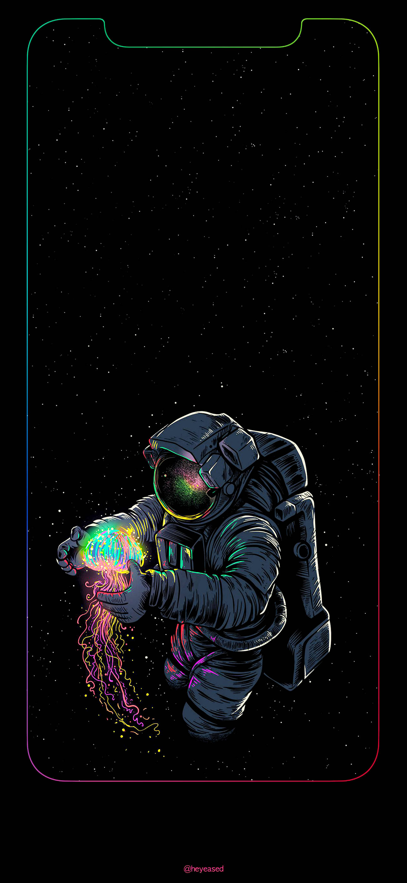 iPhone 屏幕輪廓搭配太空人藝術 壁紙 — 一位穿著深色太空衣的太空人，在星空宇宙背景前手持發光霓虹水母，背景由手機邊框框起。