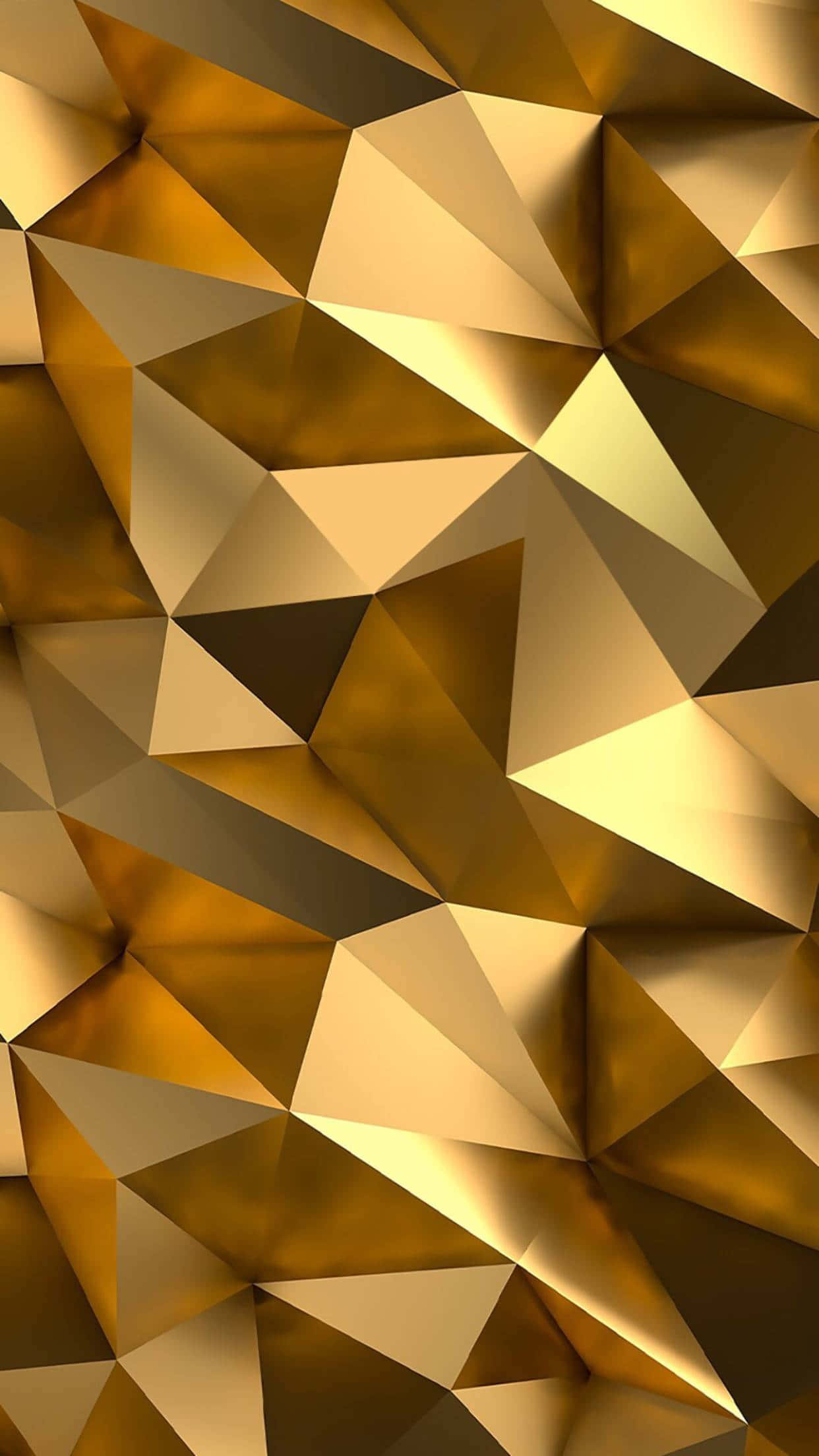 金色 iPhone 几何3D抽象圖像 壁紙 — 一個由相互連接的三角形組成的金色抽象圖案，帶有柔和的陰影和高光。