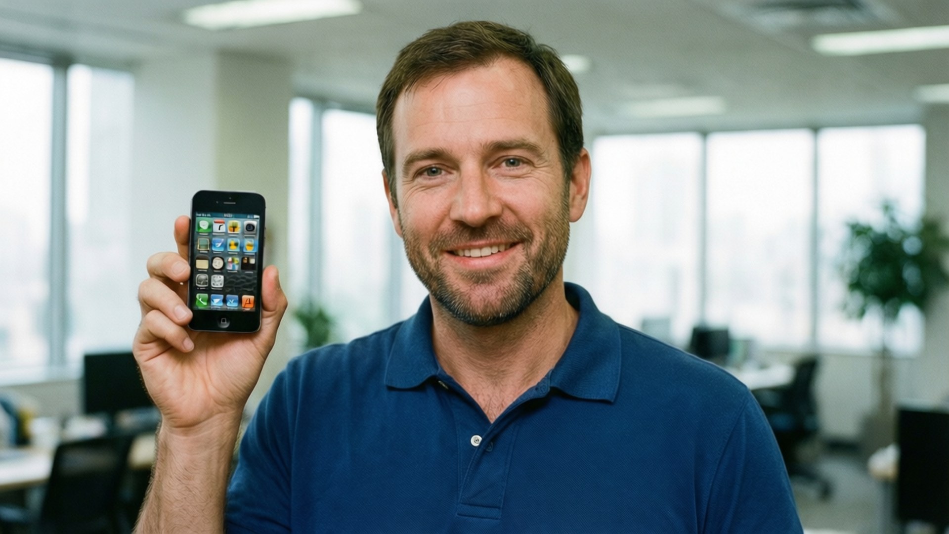 iPhone 3G 首發 壁紙 — 一位微笑的男子身穿藍色Polo衫，在明亮的現代辦公室裡自豪地舉起一部早期的iPhone。