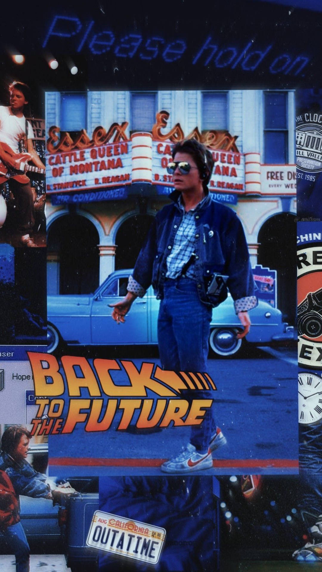 復古電影海報美學 iPhone 壁紙 — 《回到未來》嘅生動電影海報，Marty McFly 身穿牛仔褸同太陽眼鏡，企喺一間有藍色車同霓虹燈牌嘅復古戲院前面。