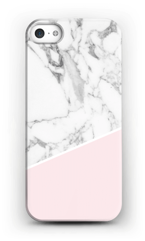 帶大理石與粉紅色殼的白色iPhone 壁紙 — 帶有白色大理石圖案和柔和粉紅色幾何點綴的手機殼。