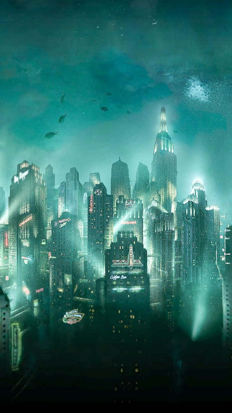 在 iPhone 上以 4K 解析度體驗《生化奇兵》 壁紙 — 未來主義的城市夜景，閃爍的霓虹燈和飛行車輛映襯著青綠色的天空。