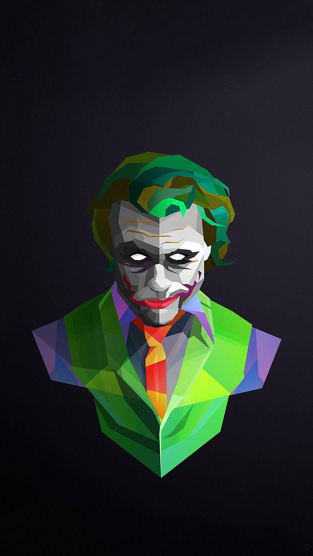 恐怖小丑 iPhone 綠髮版 壁紙 — 一個低多邊形數碼肖像，描繪小丑，擁有鮮豔的綠色頭髮和西裝，背景為深色。