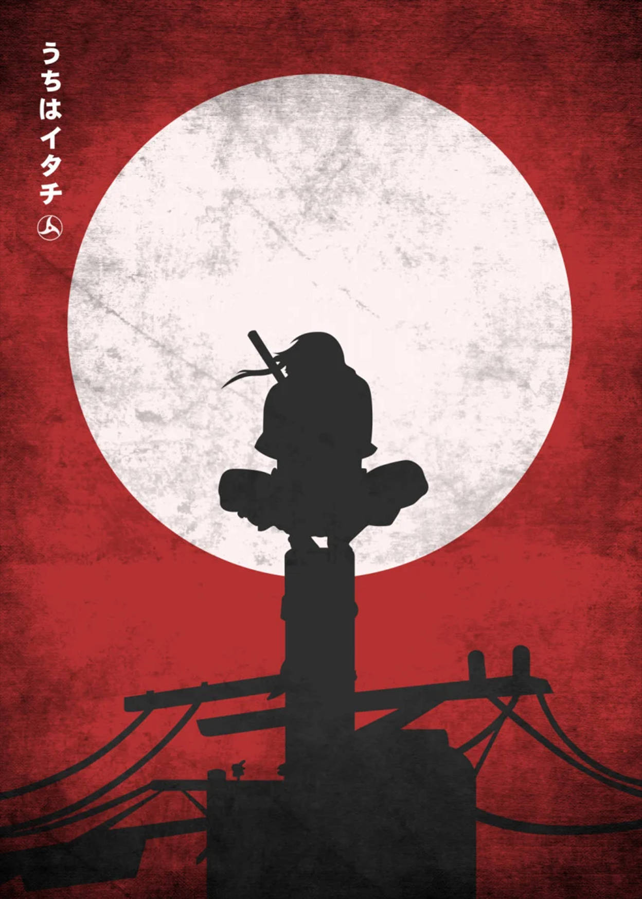 奧比多烏奇哈剪影潮流 iPhone 壁紙 — 忍者棲息在電線杆上的剪影，背景為帶紋理的紅色和一個大白月亮。