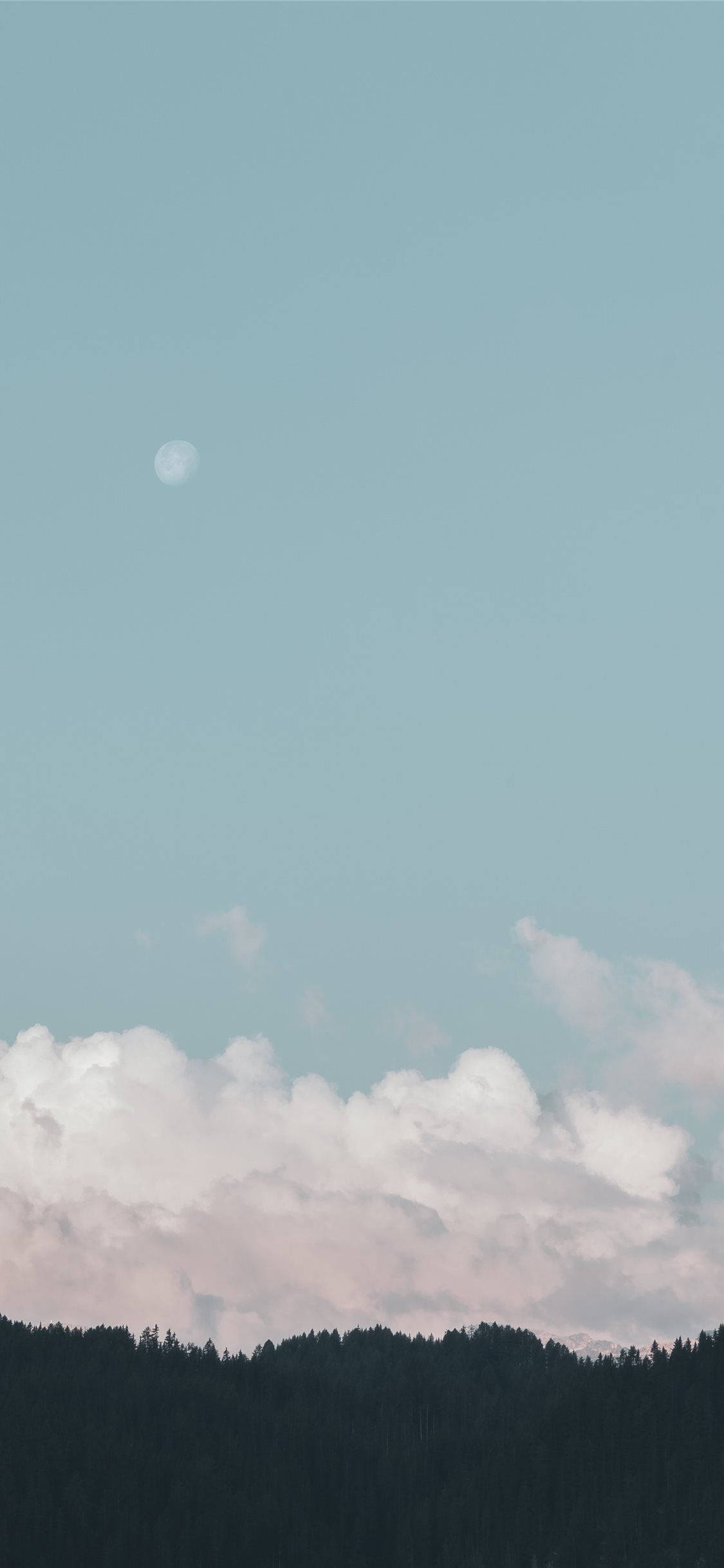 淡藍天空 iPhone 壁紙 — 寧靜的黃昏天空，一輪蒼白的月亮懸浮在柔和的粉紅色和白色雲朵之上，籠罩著黑暗的森林輪廓。