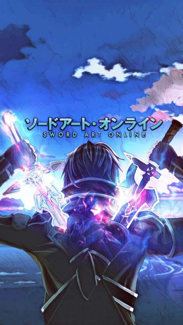 為你的iPhone自訂《刀劍神域》主題 壁紙 — 一位深色頭髮的動漫戰士在暴風雨藍天下揮舞發光劍，帶有日文文字疊加。