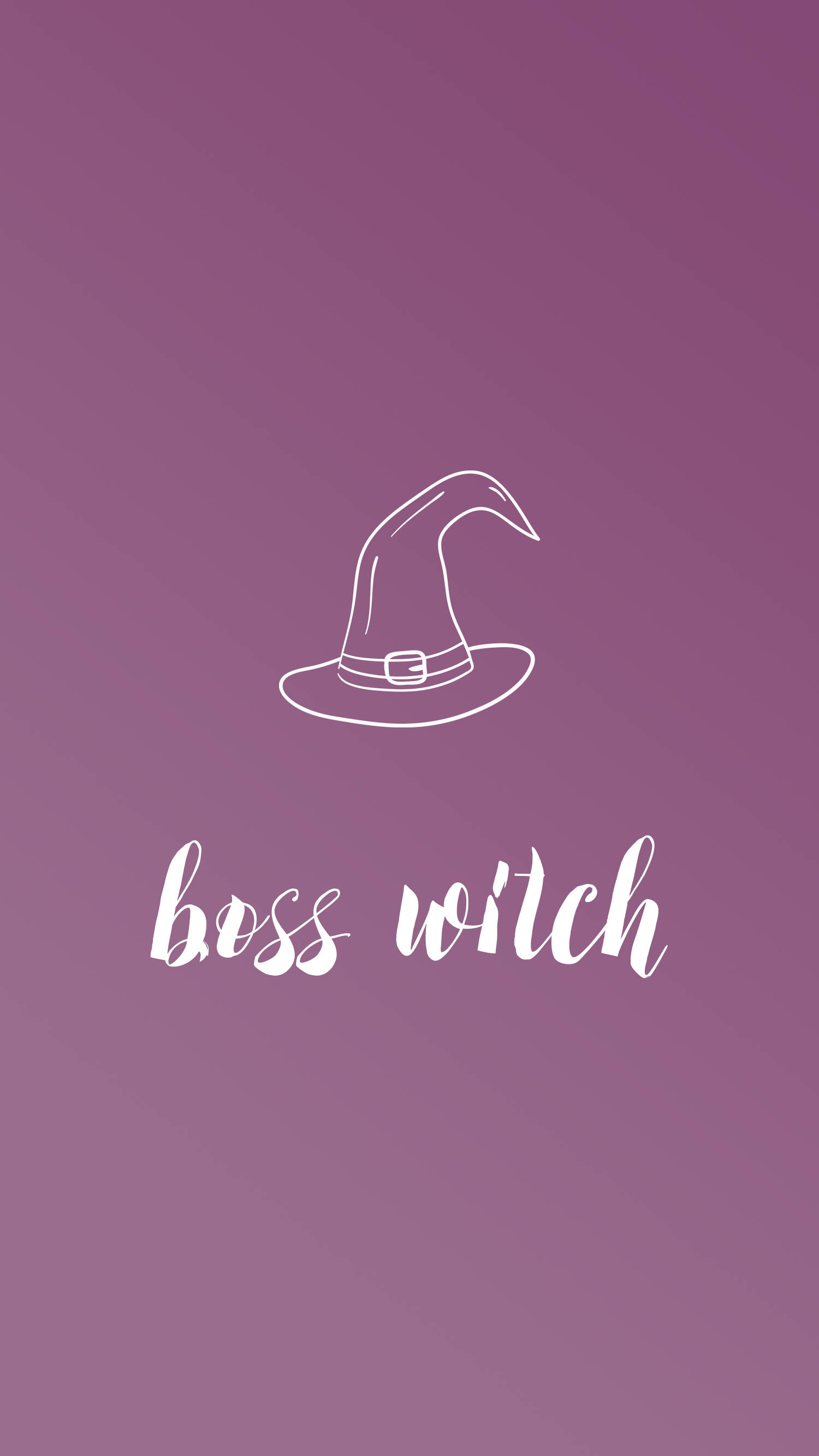 巫師回歸宣言 iPhone 屏幕 壁紙 — 一個簡約的白色線條繪畫女巫帽，文字 boss witch 居中在柔和的紫色漸變背景上。