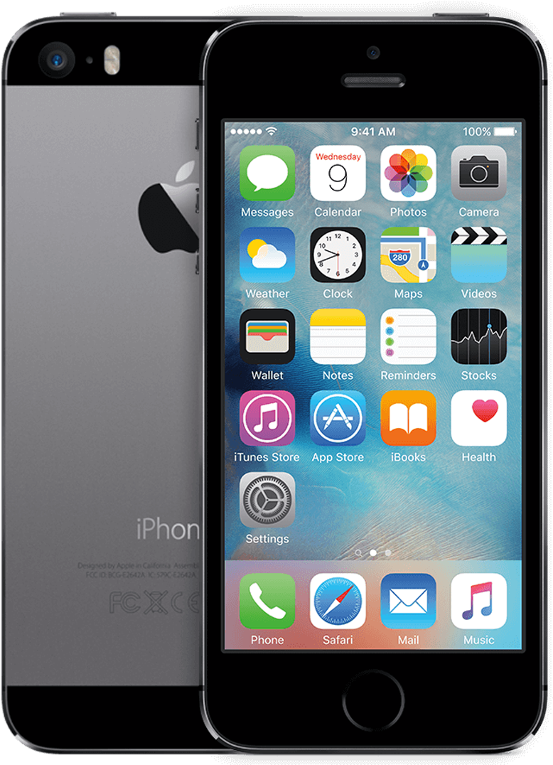 黑色iPhone 5s正反面展示 壁紙 — 兩部iPhone，一部正面顯示主屏幕應用程式，另一部背面顯示Apple標誌和相機。