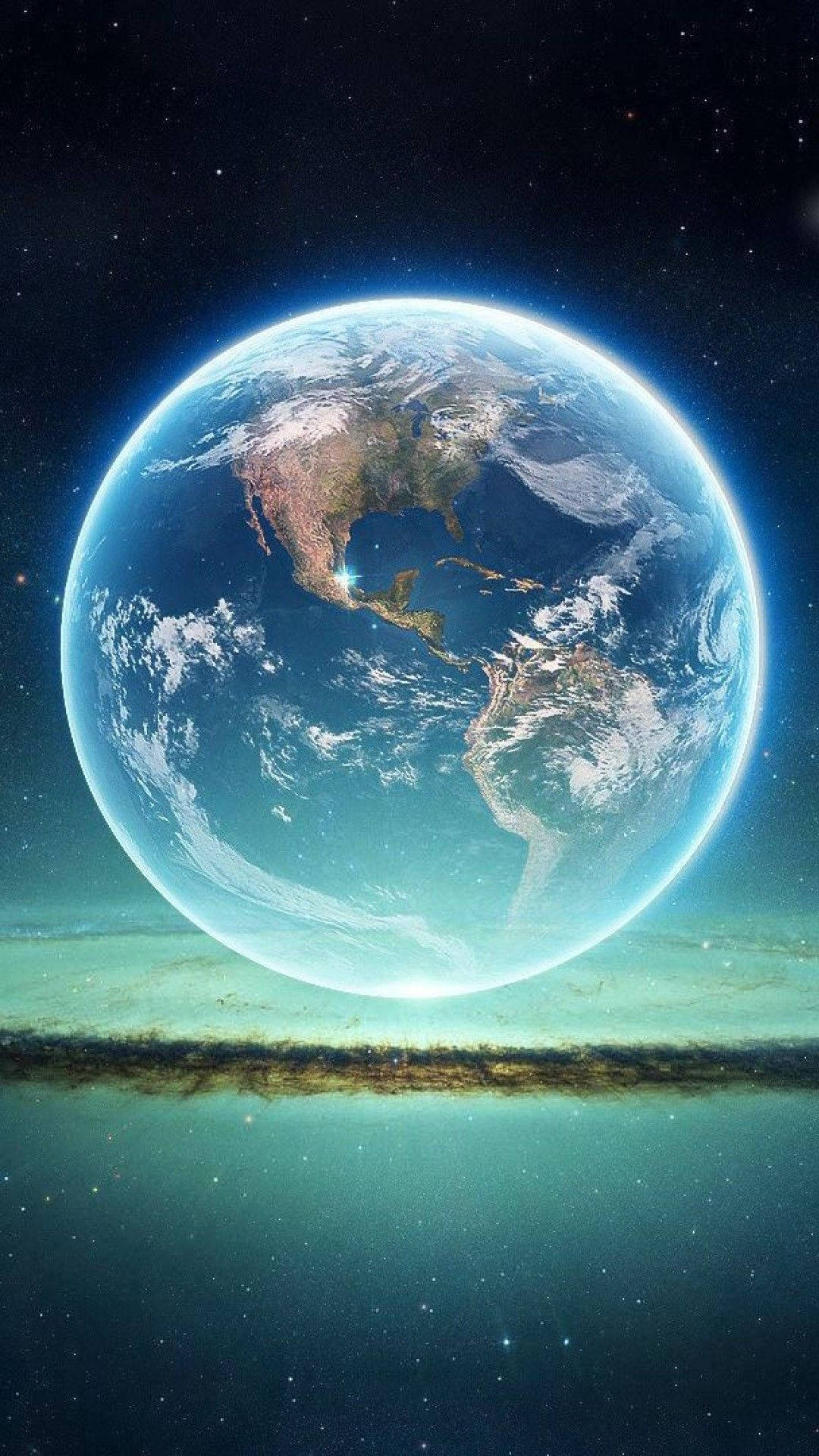 地球周圍藍光 iPhone 6 壁紙 — 一顆發光的藍色地球漂浮在繁星點點的星系之上，帶有明亮的地平線光芒。