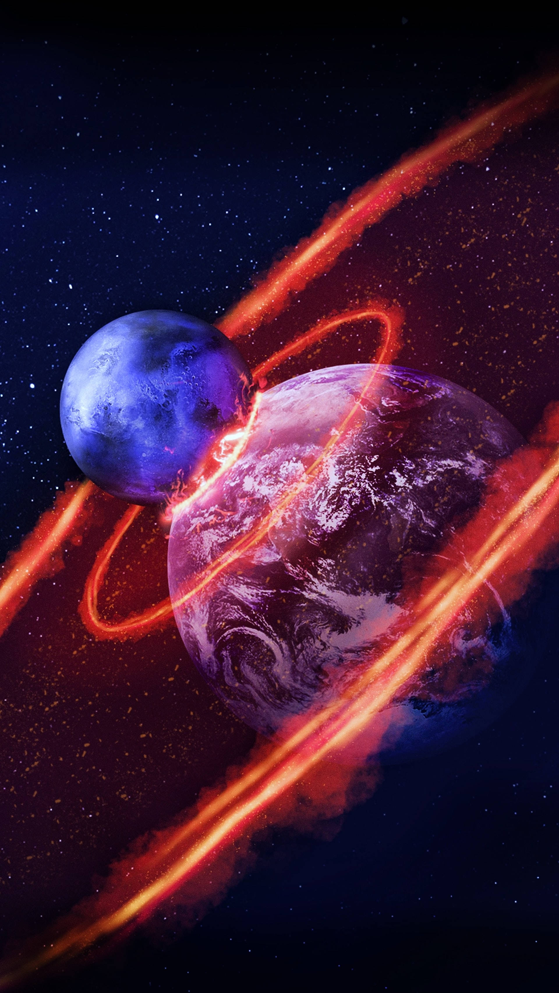 撞向地球的天體 - iPhone 6 壁紙 — 兩顆行星在宇宙爆炸中相撞，在繁星點點的夜空中產生熾熱的橙色能量弧。