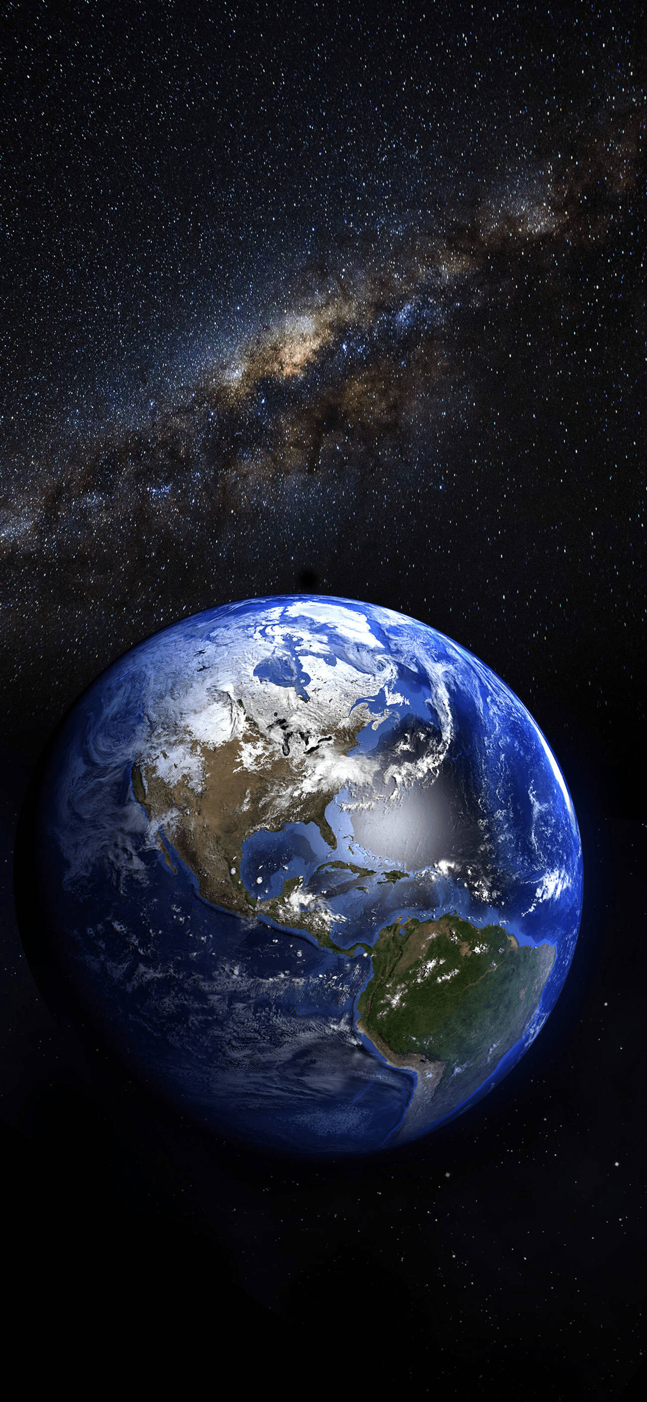 地球後方星系 - iPhone 6 壁紙 — 地球懸掛在太空中，旋轉的雲層和各大洲在星空和銀河系下清晰可見。