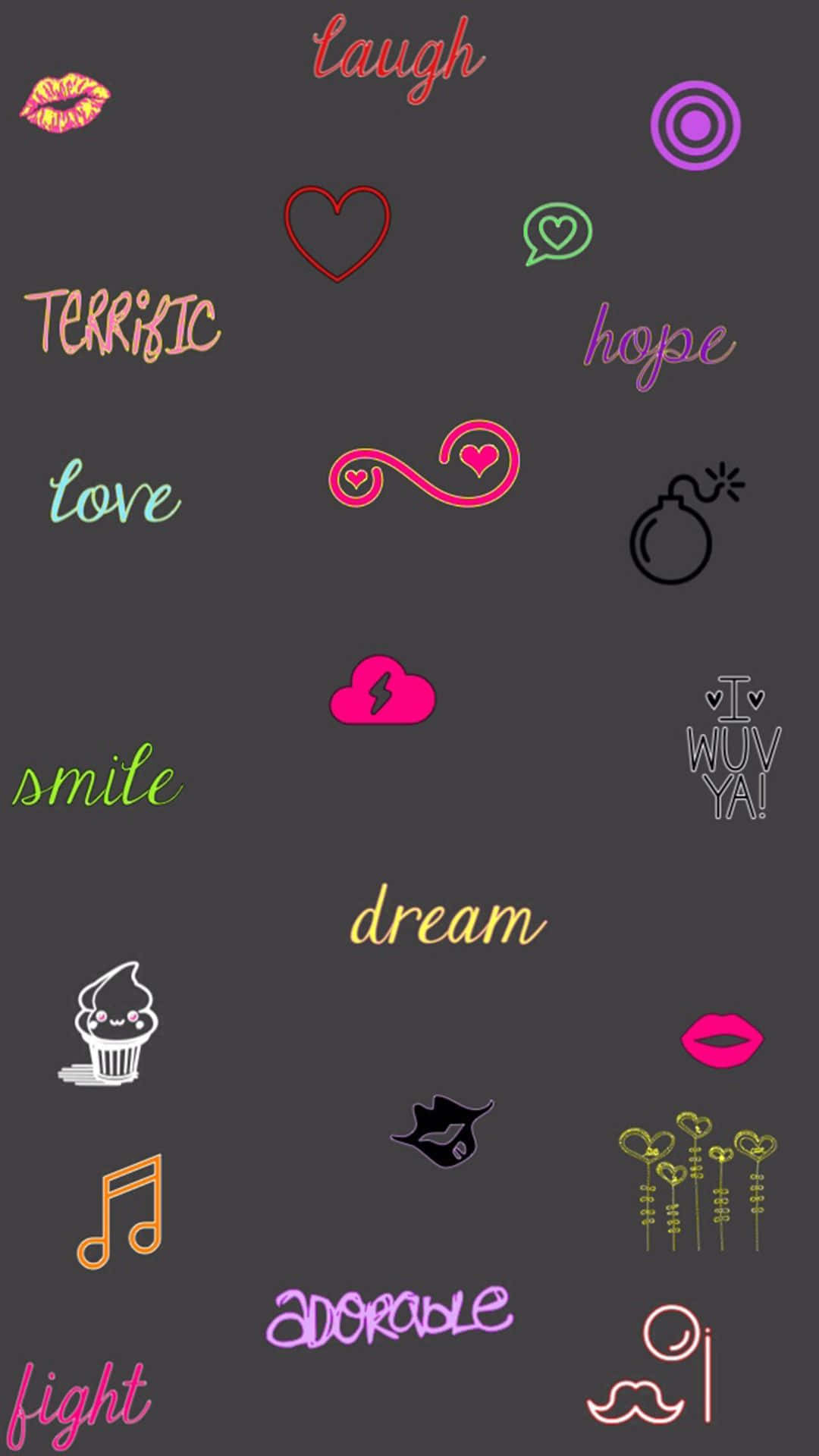 深灰色背景上帶有色彩繽紛的霓虹文字和圖標，如 love laugh dream。