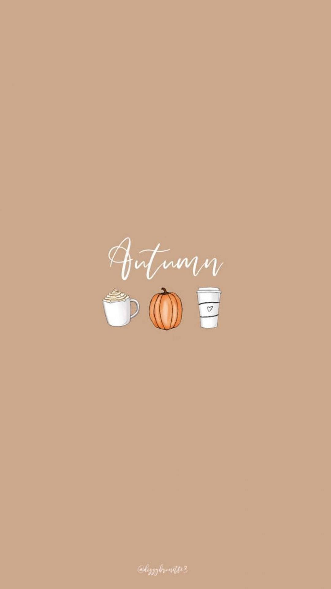 秋季風情 iPhone「秋日」圖案 壁紙 — 以溫暖米色背景為襯，中央放置南瓜和兩個咖啡杯的簡約秋季壁紙。