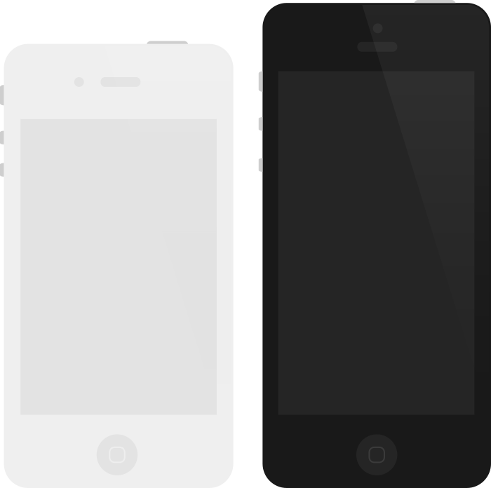 白色與黑色 iPhone 壁紙 — 兩部極簡智能手機並排放置，一部白色一部黑色，兩者都有空白屏幕和主頁按鈕。