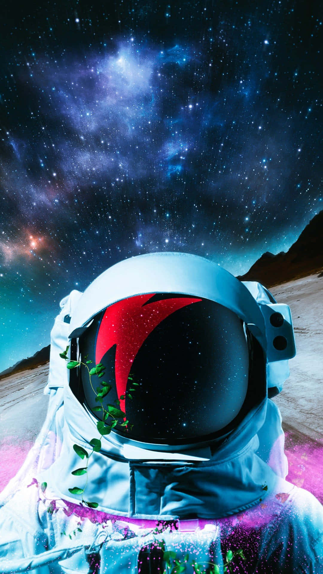 宇航員iPhone太空自拍壁紙 壁紙 — 一位身穿白色太空衣、戴紅色面罩的太空人，凝視著荒蕪外星地貌上方繁星點點的宇宙天空。