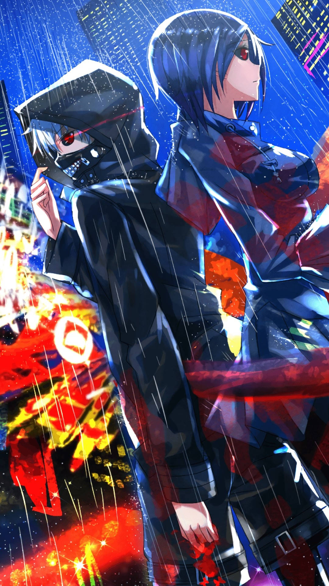 金木研與鳴上悠《東京喰種》iPhone 背景 壁紙 — 兩個動漫角色站在霓虹燈浸透的暴雨中，身處一個閃爍著電光色彩的賽博朋克城市景觀。