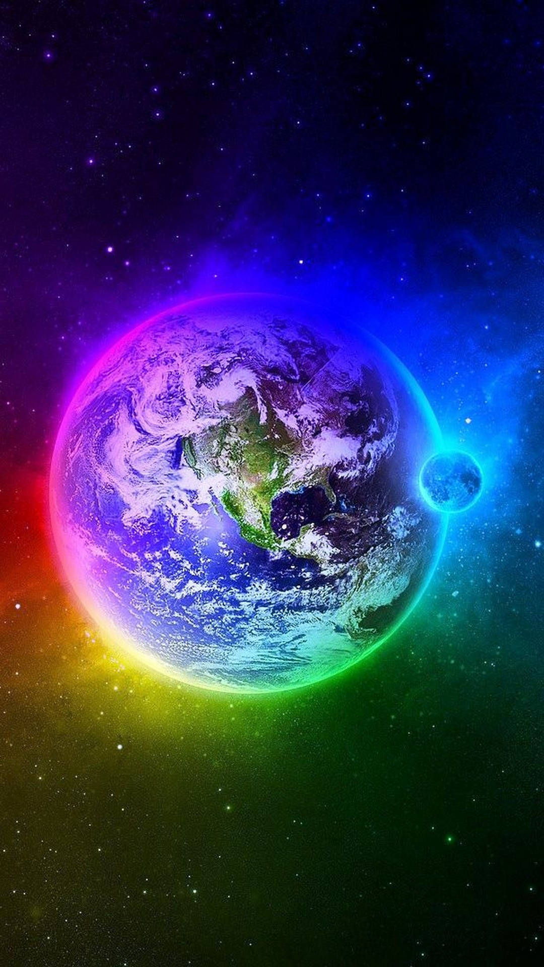 太空中一顆色彩繽紛的地球，周圍環繞著星星和一顆小月亮。