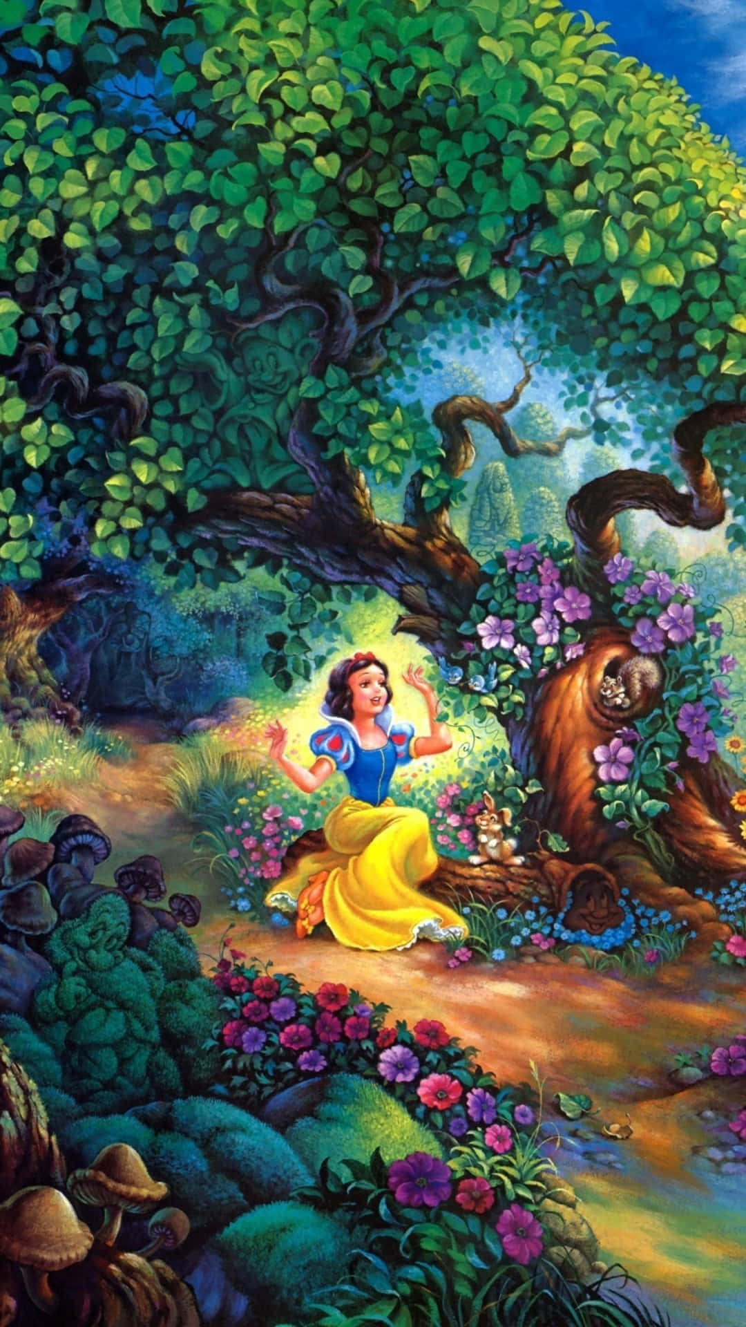 白雪公主在一個有花朵和發光光芒的魔法森林中。 — 迪士尼 iPhone 壁紙 壁紙