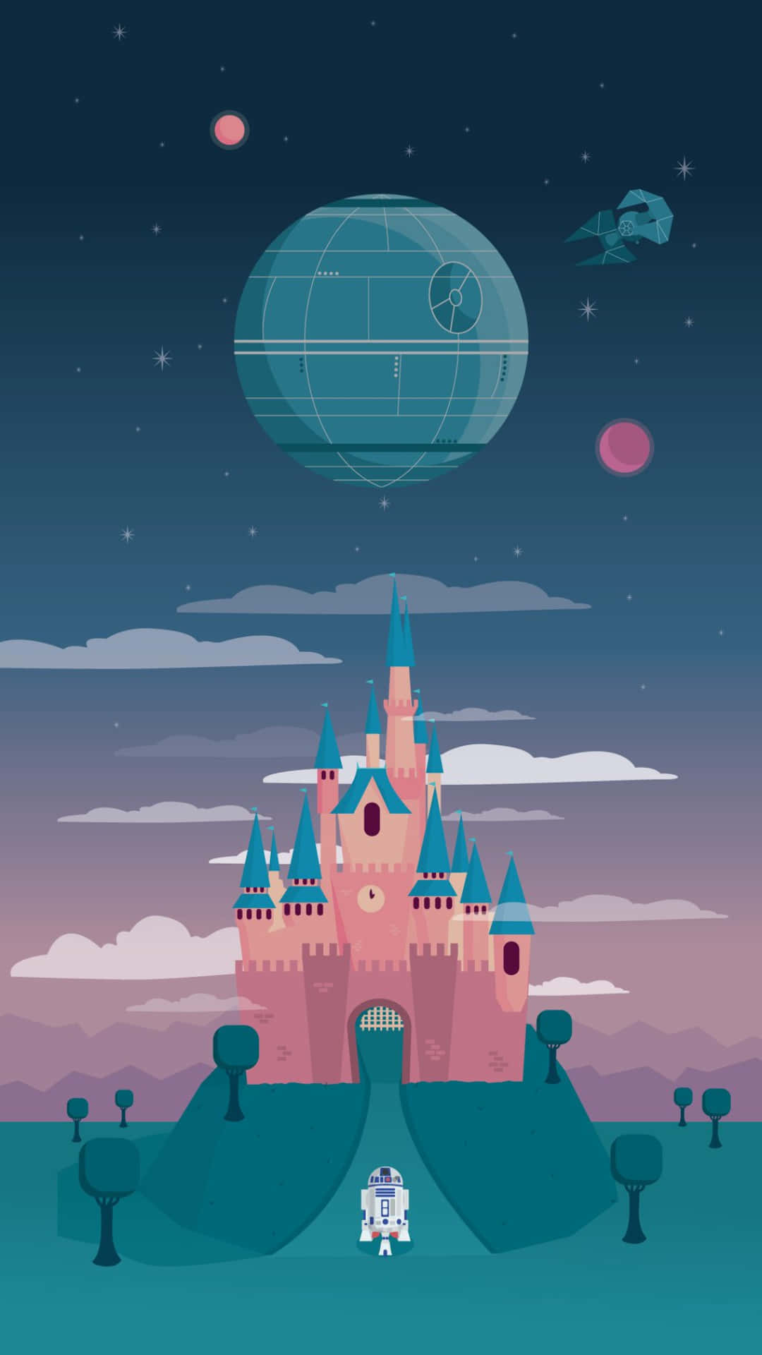 iPhone 7 Disney 青藍城堡 壁紙 — 一座粉紅色的迪士尼城堡矗立在星空下，上方漂浮著死星和X翼戰機。