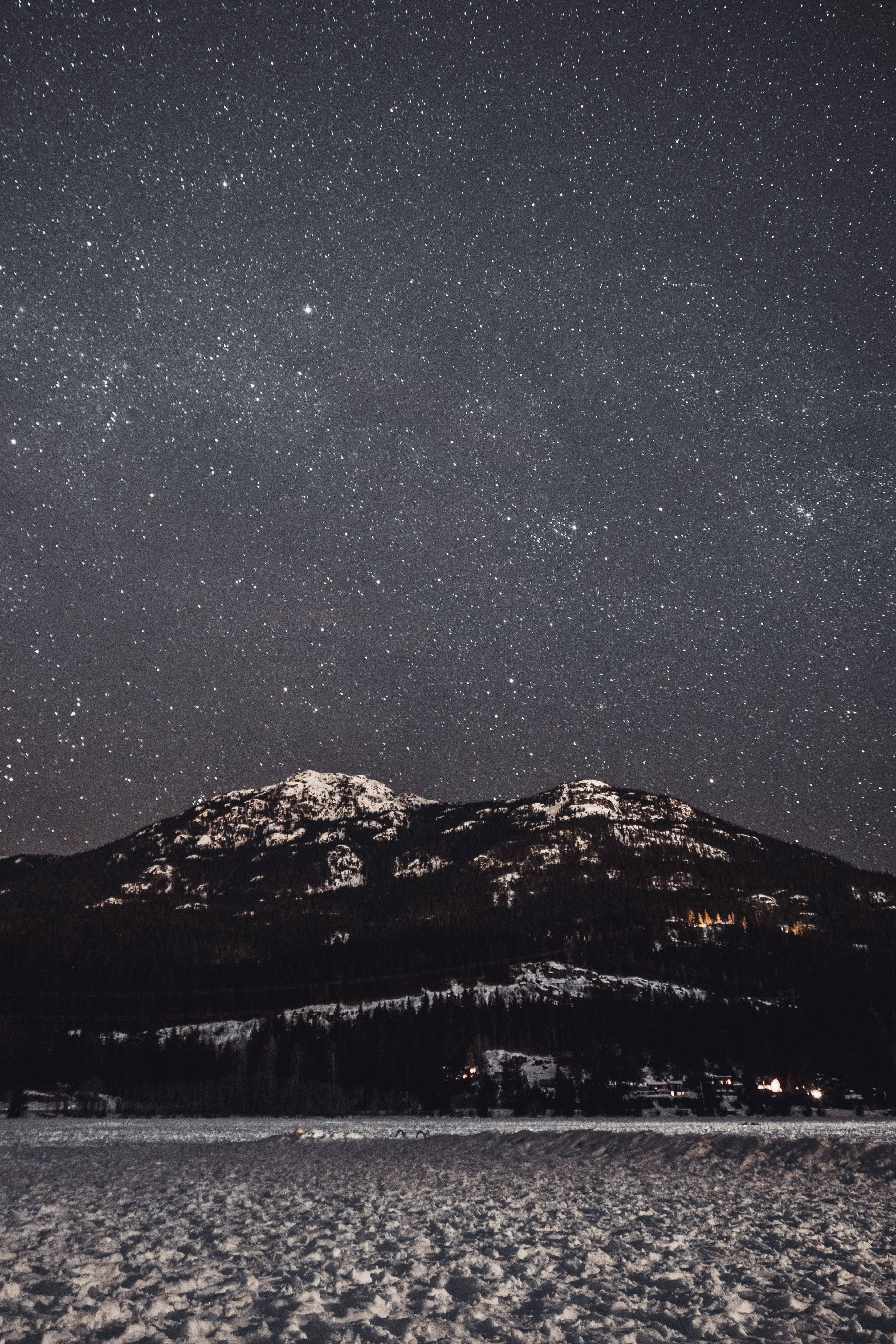 iPhone 7 Plus 星空冬季山景 壁紙 — 被雪覆蓋的山脈，在密集的星空下，下方遠處村莊散落著燈光。