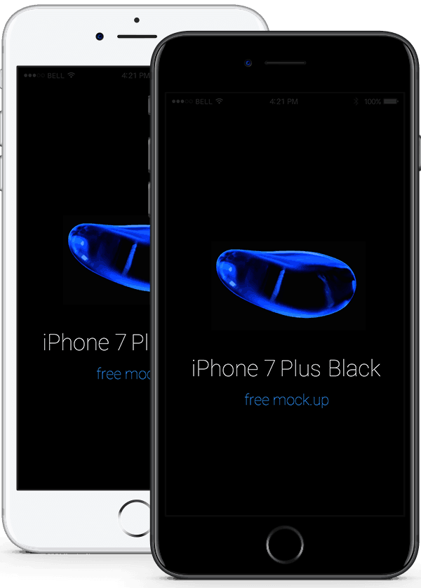 白色與黑色iPhone 7 Plus模型 壁紙 — 兩部iPhone，一白一黑，顯示一個藍色發光物體，並附有文字將其識別為iPhone 7 Plus模擬圖。