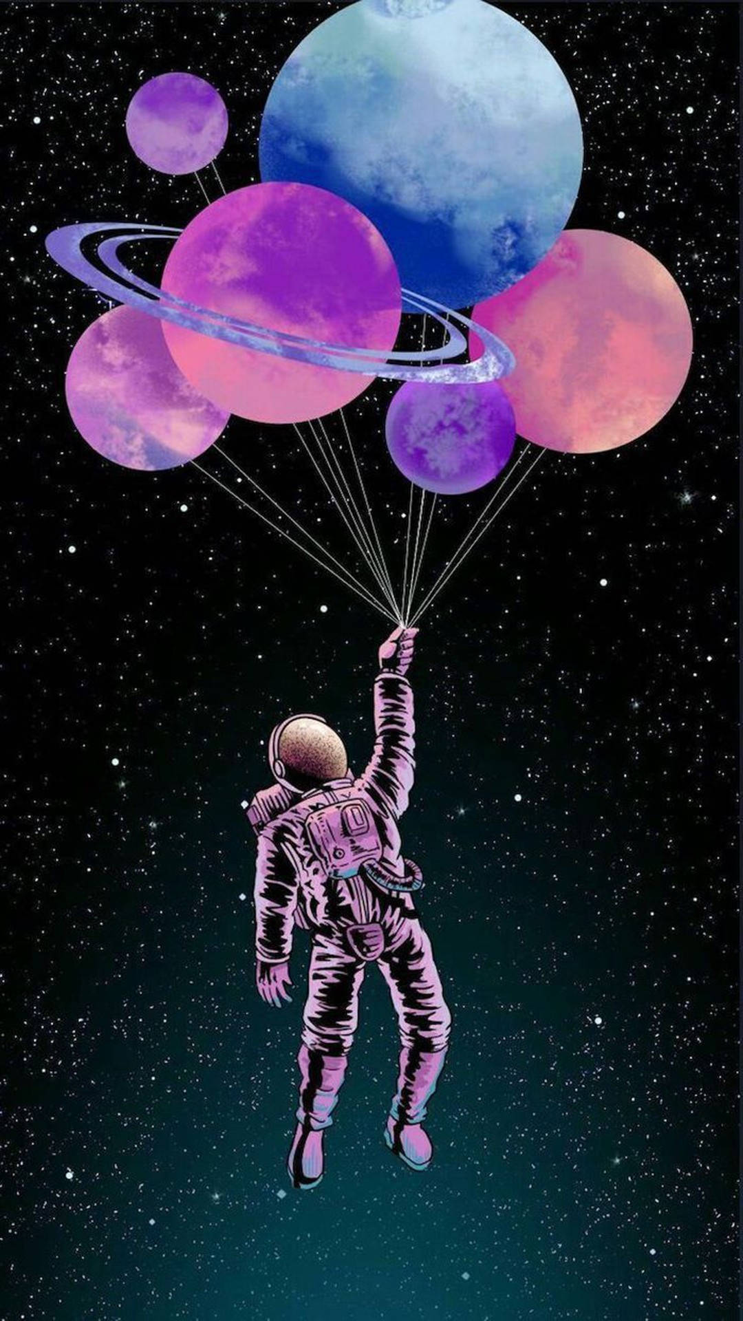 太空人在太空漂浮，手持連接到彩色行星氣球的繩子。