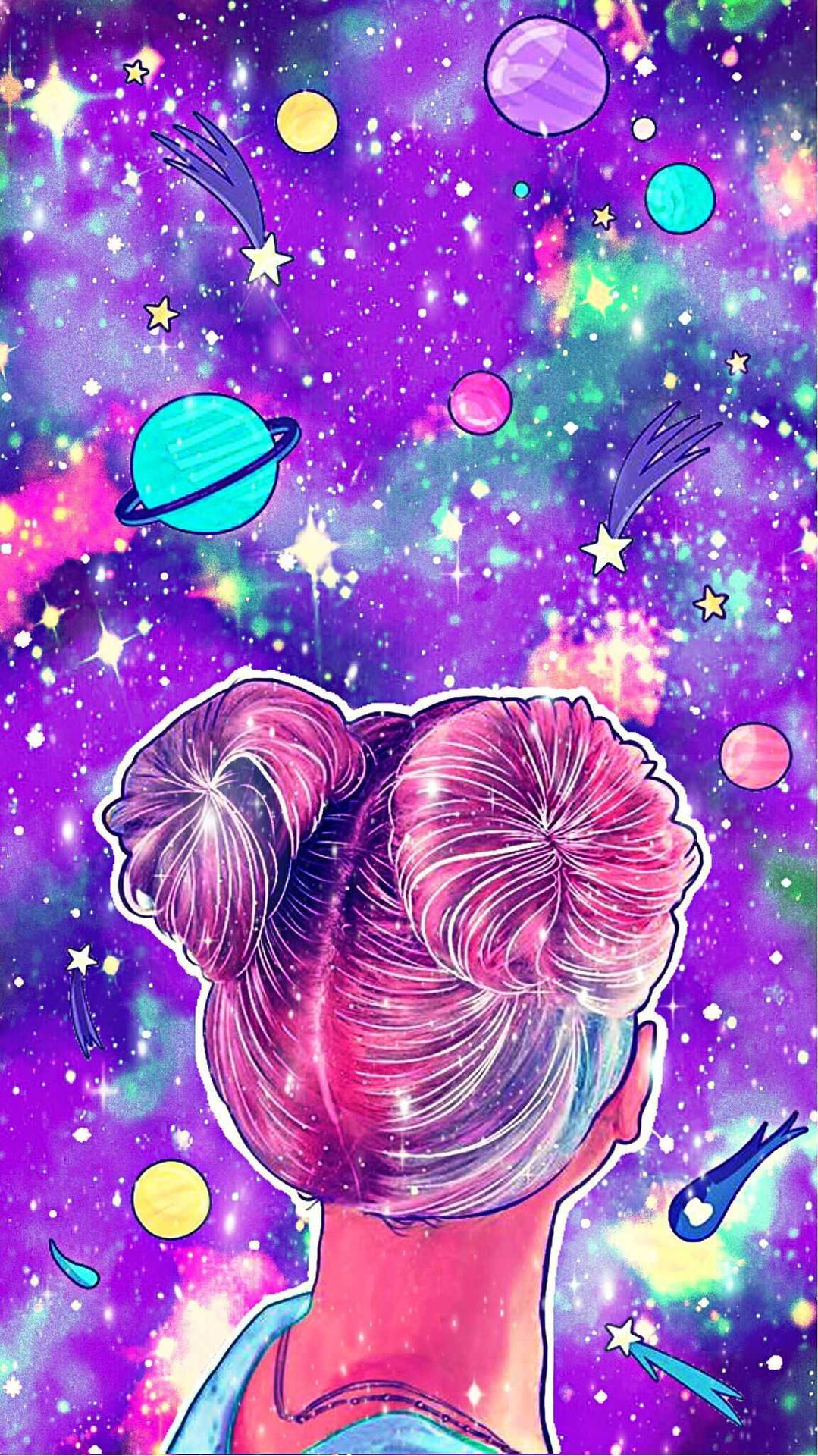 紮著粉紅色髮髻的人看著有行星和星星的色彩繽紛太空場景。