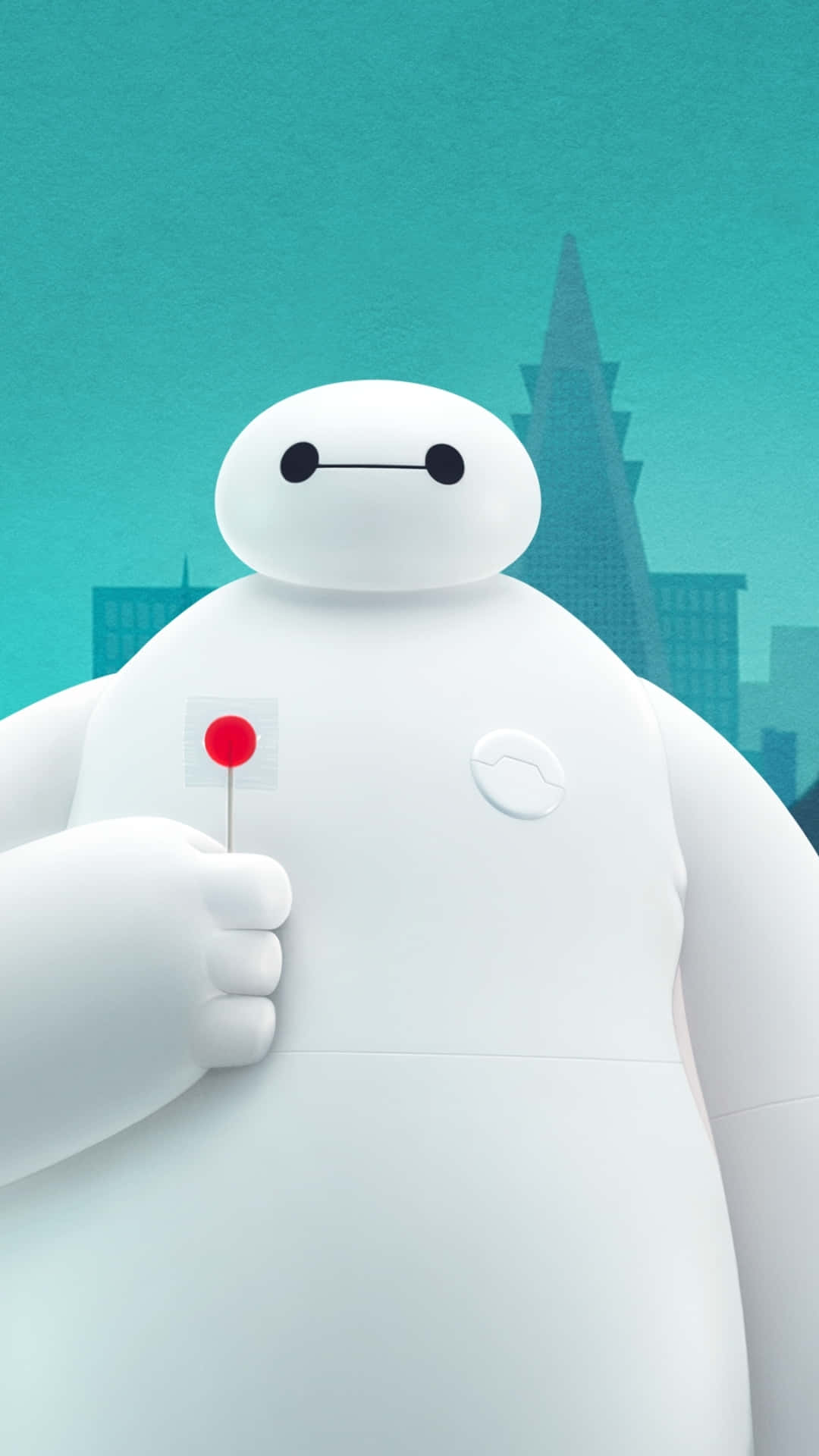 iPhone 7 迪士尼 Baymax 壁紙 — 一個巨大的白色充氣機械人拿著紅色棒棒糖，背景是藍綠色的城市天際線。