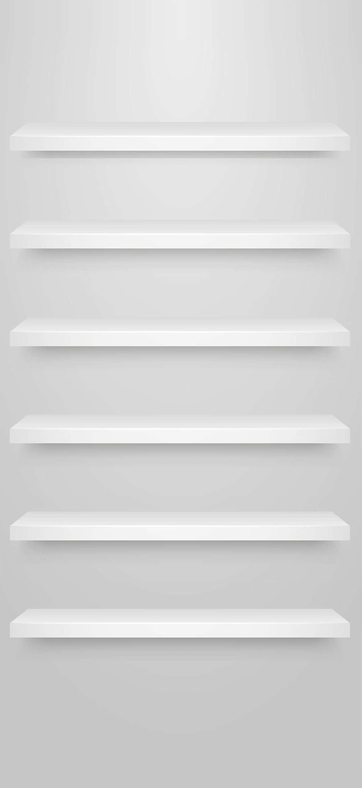 iPhone白色架子 壁紙 — 五個乾淨的白色浮動層架安裝在柔和的灰色牆上，帶有微妙的陰影和高光。