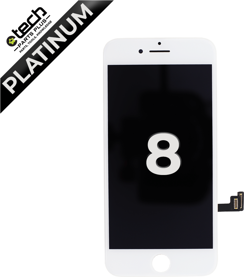 白色iPhone 8螢幕顯示維修 壁紙 — 一個白色iPhone 8顯示模組，黑色屏幕中央有一個大的白色數字8，背景為純黑色。