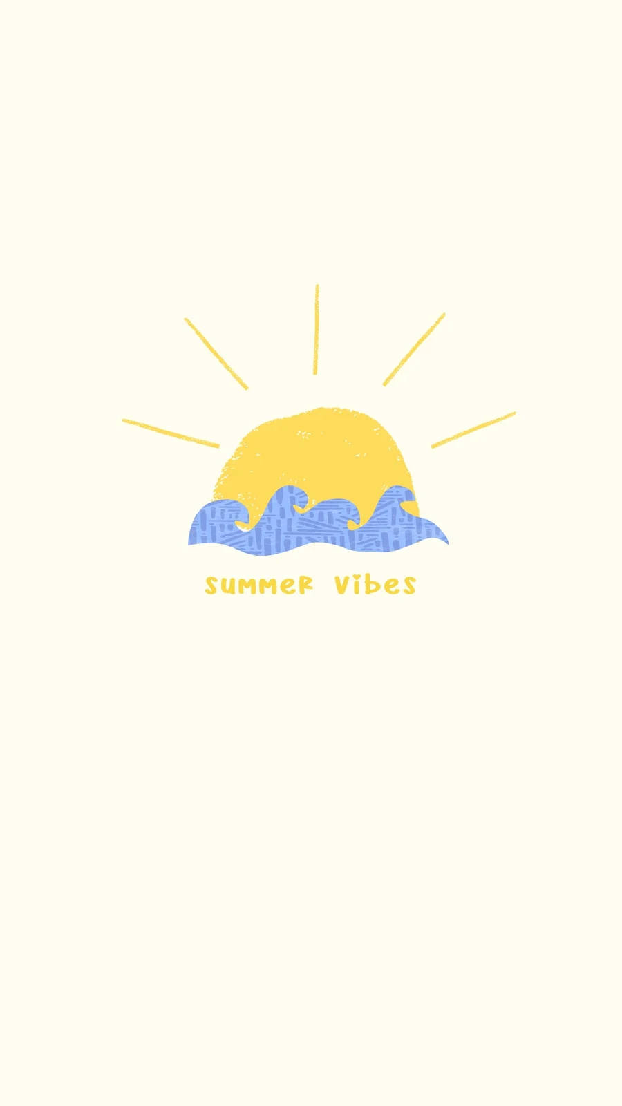 夏日iPhone日落海浪 壁紙 — 一個歡快的黃色太陽帶有光線，在藍色圖案波浪上方升起，背景為淡奶油色，並帶有「summer vibes」文字。