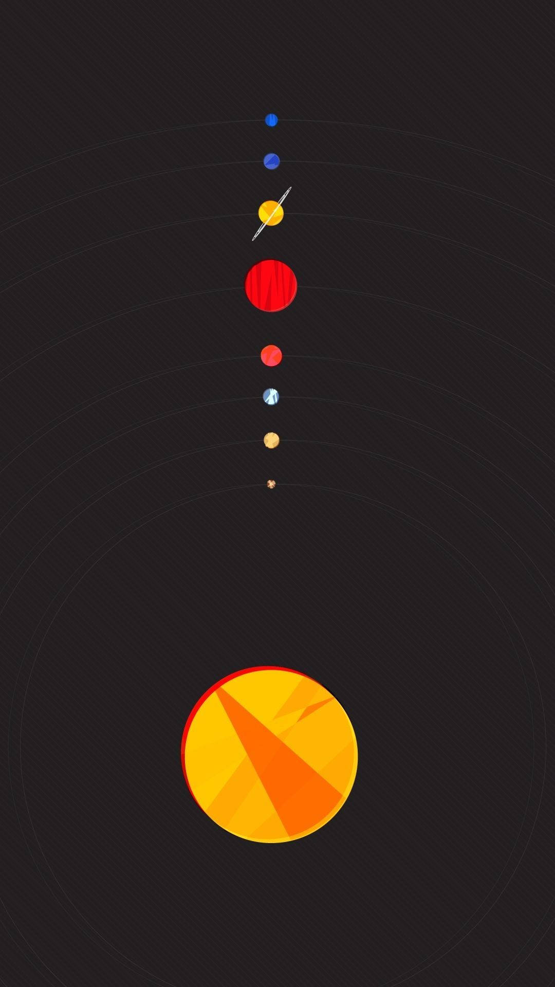 極簡太陽系插畫iPhone 壁紙 — 一個極簡風格的數位插圖，描繪了一個風格化的太陽系，底部有一個巨大的太陽，行星在黑暗背景上沿著同心圓軌道運行。