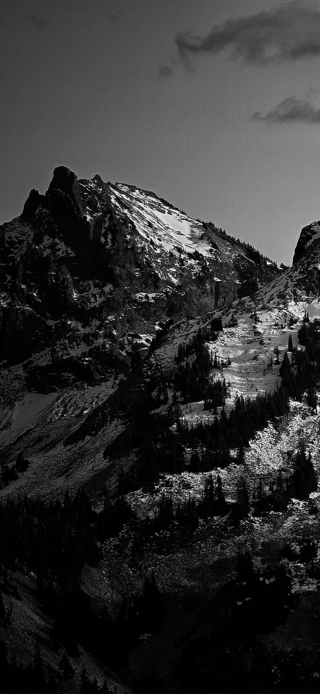 iPhone 上的抽象藝術 壁紙 — 一個鮮明的黑白山峰，帶有積雪的山脊和下方茂密的常綠森林。