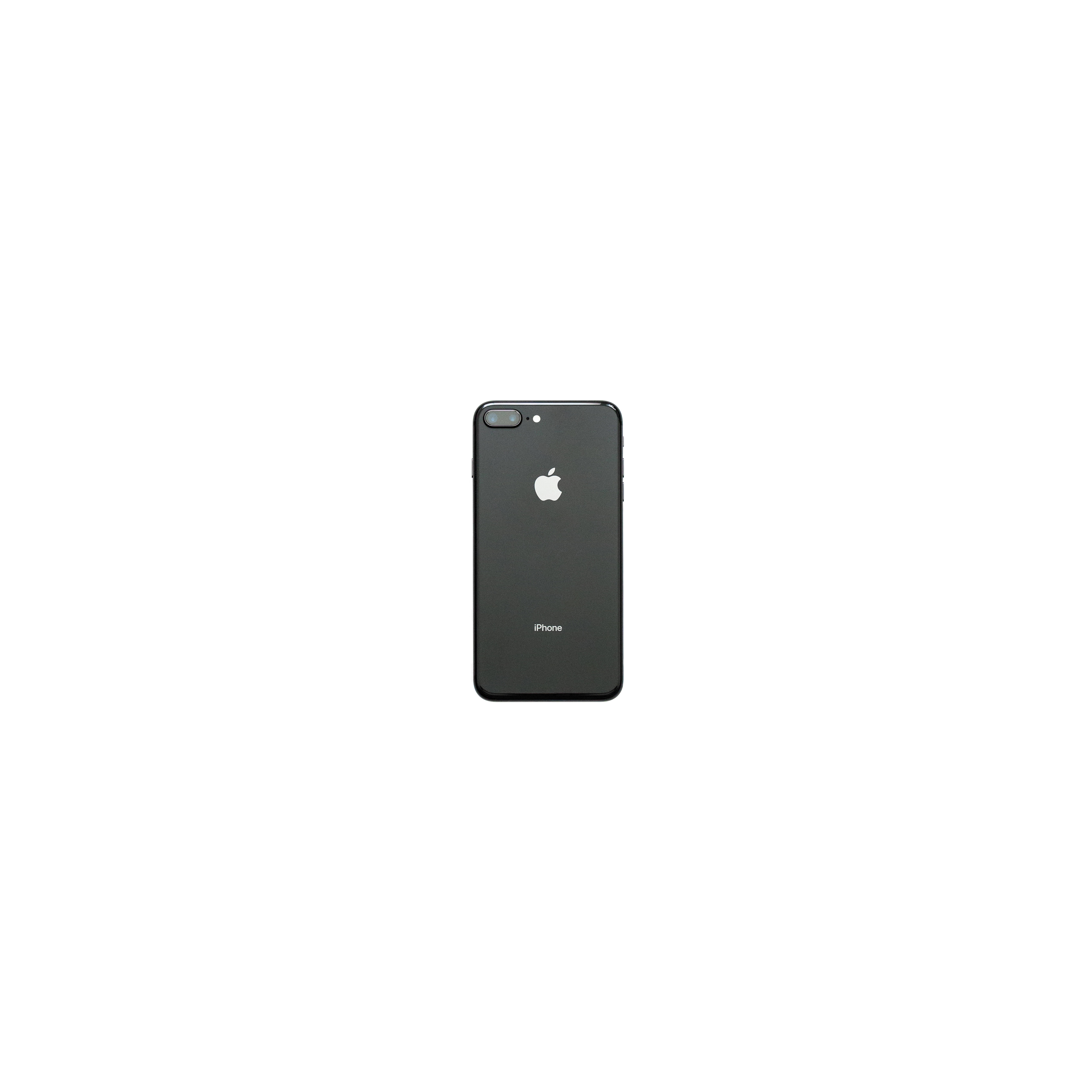 iPhone 8極簡設計 壁紙 — 黑色 iPhone 7 Plus 背面視圖，Apple 標誌居中，背景為純白色。