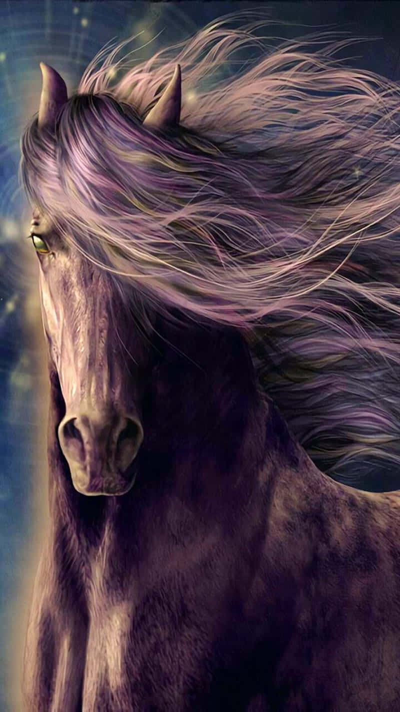 讓這匹美麗的馬為你的 iPhone 帶來自然之美 壁紙 — 一匹雄偉的黑馬，飄逸著紫色鬃毛，閃爍著發光的眼睛，奔騰在宇宙星空中。