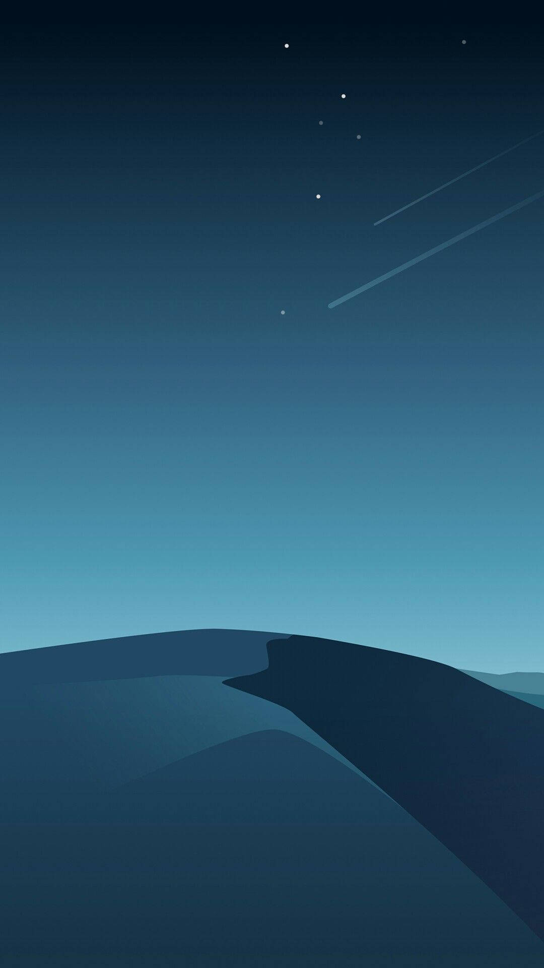 流星插畫iPhone 壁紙 — 深藍色山脊在星空夜空下，有兩顆流星，極簡數位插圖。
