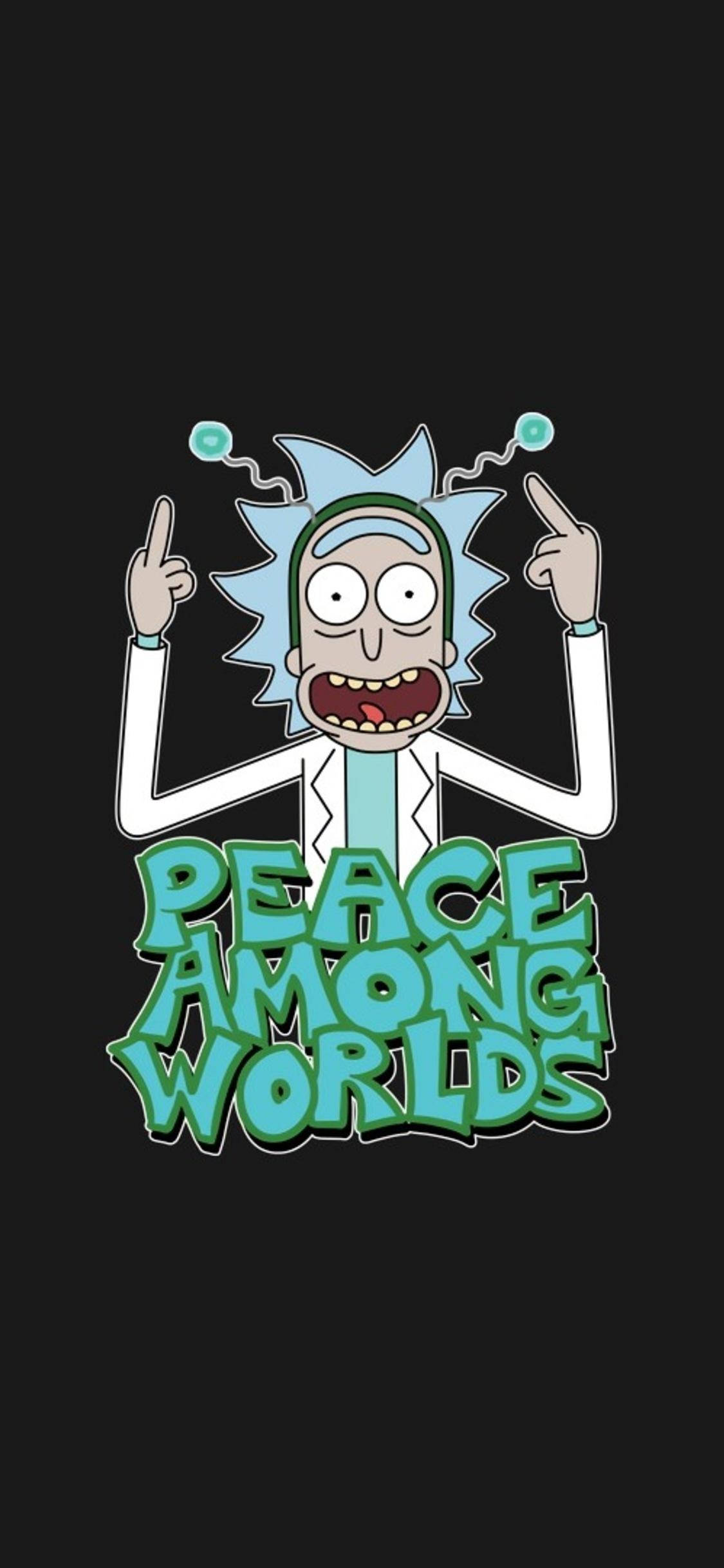 瑞克·桑切斯「和平於萬界」iPhone壁紙 壁紙 — 《Rick and Morty》中的Rick Sanchez在黑色背景上，帶著狂笑向上指，旁邊有發光的綠色文字寫著peace among worlds。