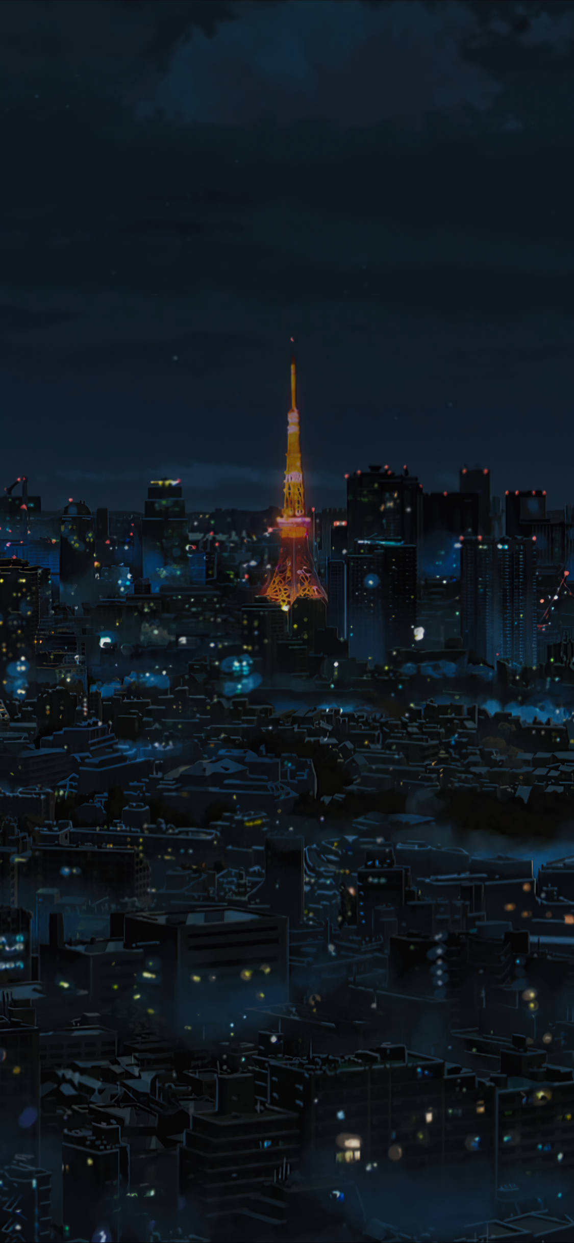 你的名字 iPhone 東京鐵塔 壁紙 — 東京塔在漆黑的夜空下溫暖地發光，城市燈光在下方迷濛的城市全景中閃爍。