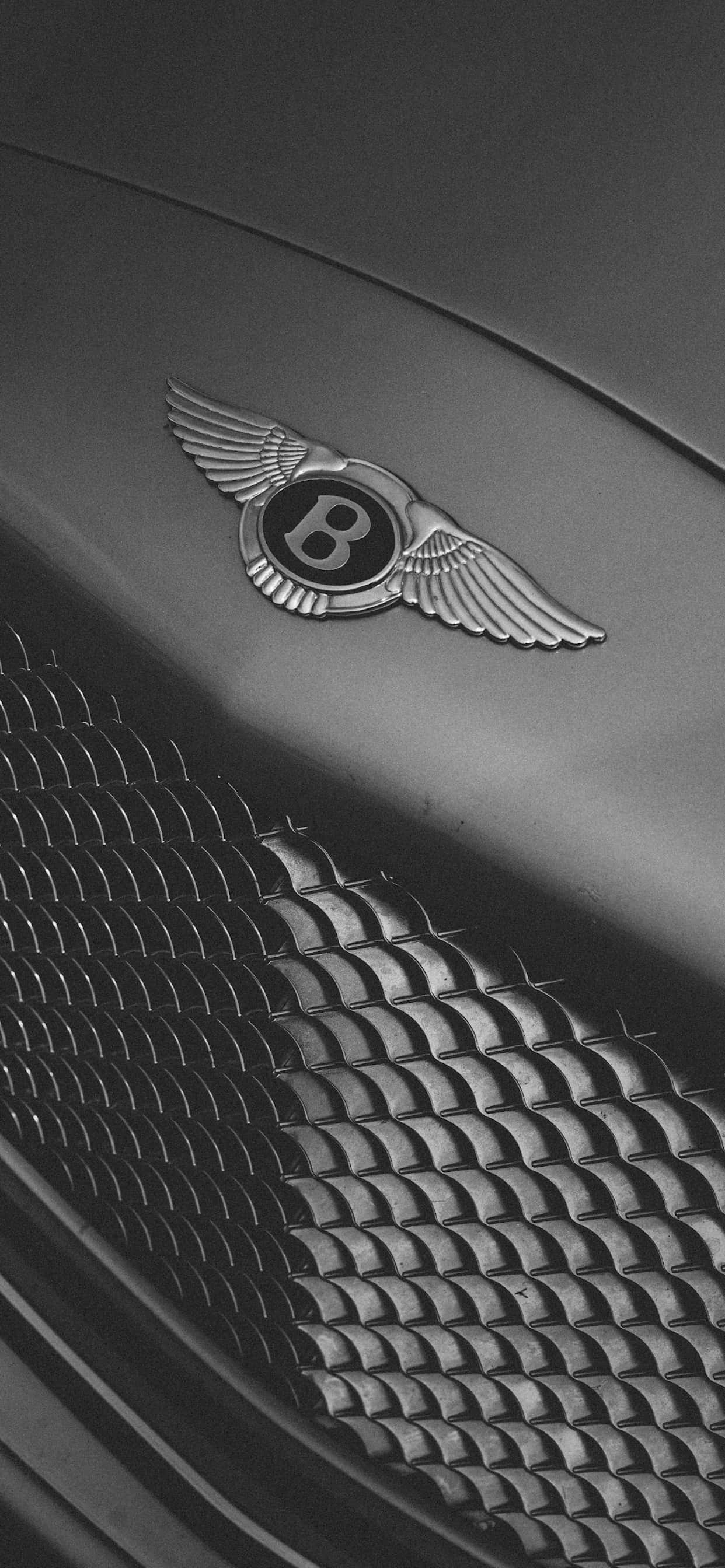 奢華賓利 iPhone 概念設計 壁紙 — 引擎蓋上 Bentley 標誌的特寫黑白照片，下方為帶紋理的格柵。