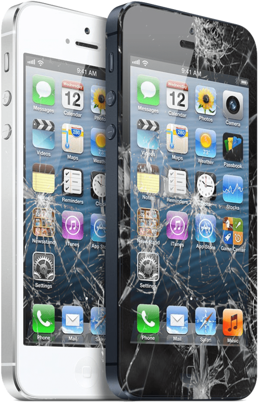 白色 iPhone 屏幕損壞前後對比 壁紙 — 兩部螢幕破裂的iPhone並排顯示iOS主畫面。