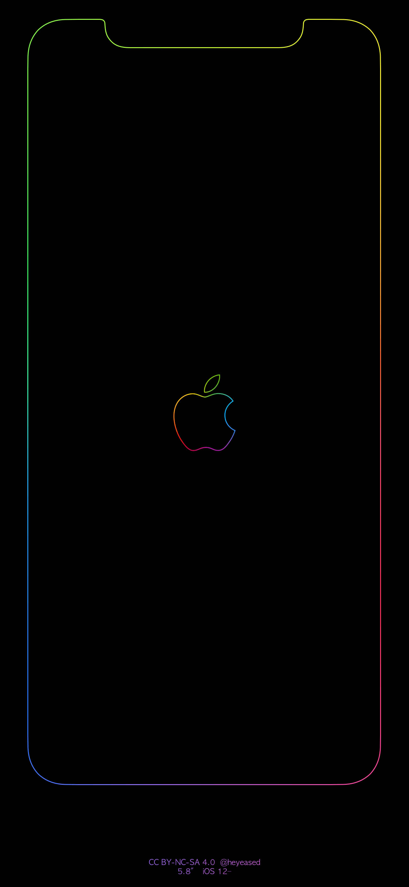 iPhone Apple Logo 彩虹螢幕輪廓 壁紙 — 一款極簡風格的iPhone壁紙，黑色屏幕中央有彩虹輪廓的Apple標誌，並帶有纖細彩色邊框。