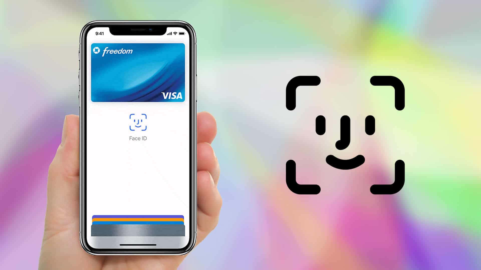 如何使用 iPhone Apple Pay 壁紙 — 一隻手拿著智能手機，在色彩繽紛的抽象背景前顯示Freedom Visa卡和Face ID界面。