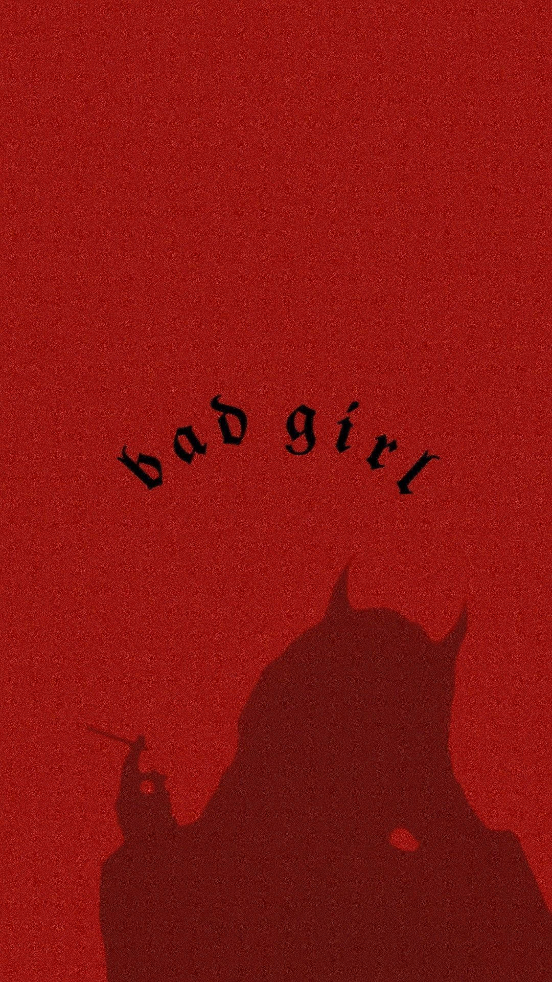 iPhone Baddie：惡女剪影 壁紙 — 一個大膽的紅色紋理背景，帶有暗色剪影，一個有角的人物手持香煙，並以哥德式字體寫著bad girl。
