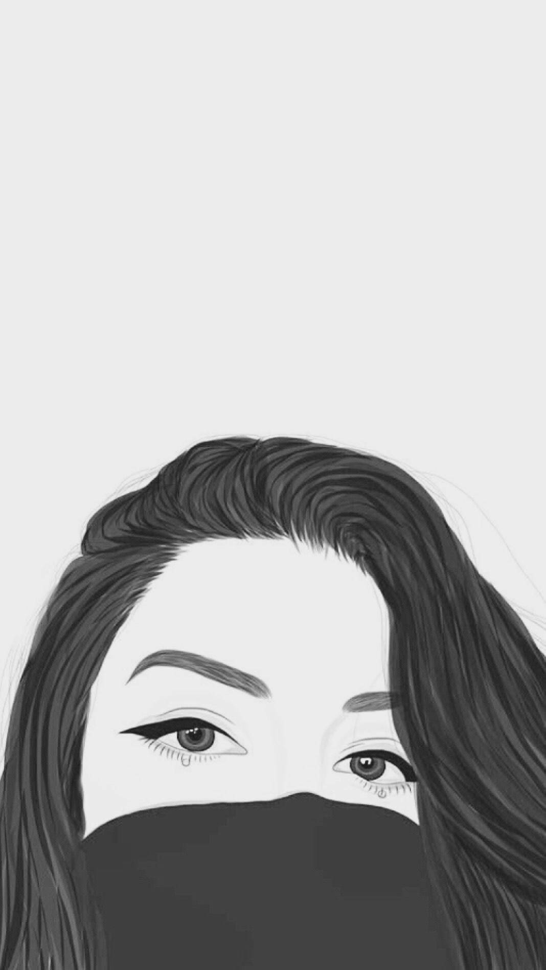 iPhone Baddie 黑色面具女孩 壁紙 — 一幅極簡黑白插圖，描繪一位女性戴著口罩，眼睛從口罩上方露出，頭髮飄逸。
