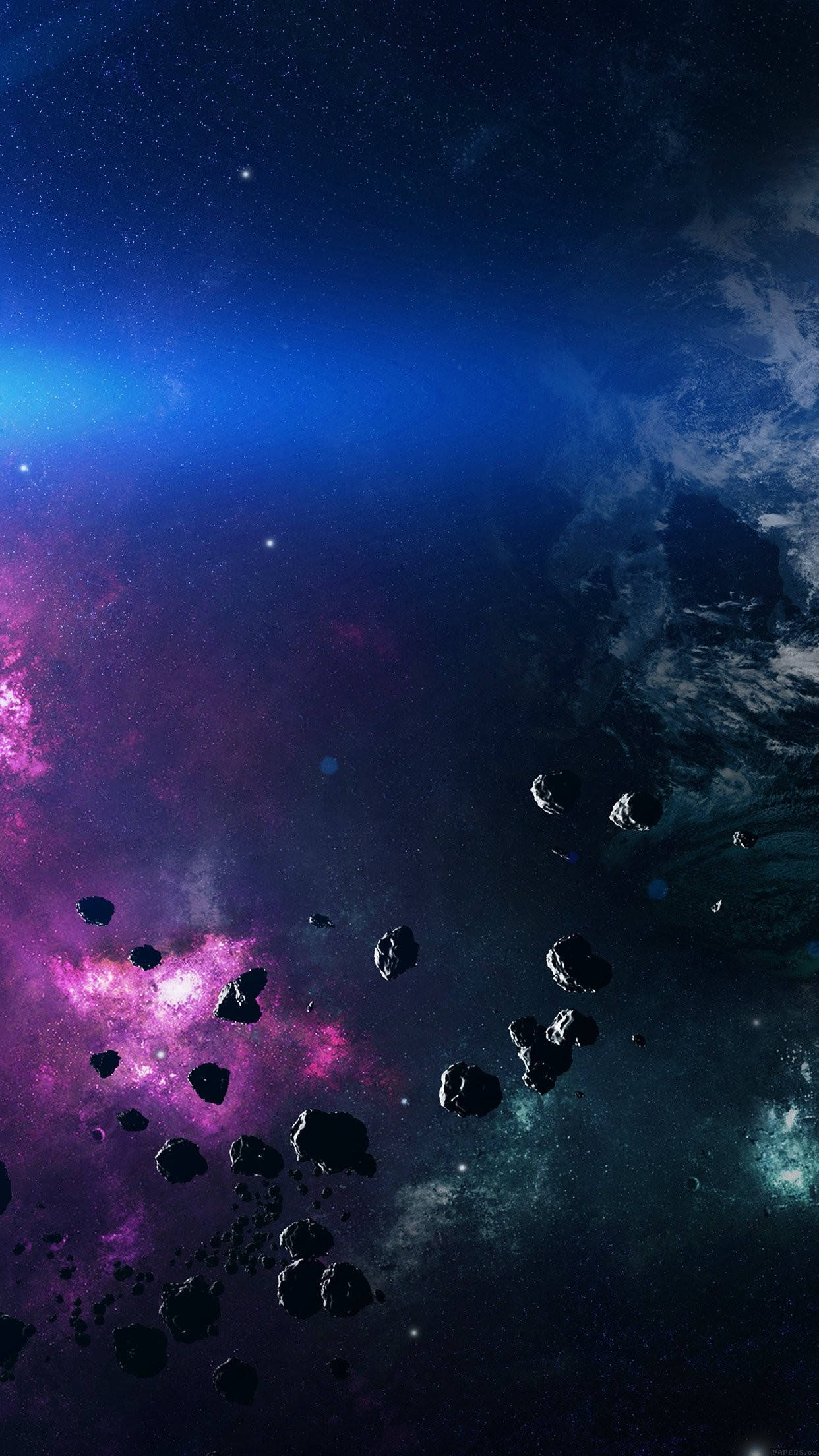 流星與霧氣雲太空 iPhone 壁紙 — 紫色和藍色星雲與漂浮小行星在星空虛空中的宇宙景觀。