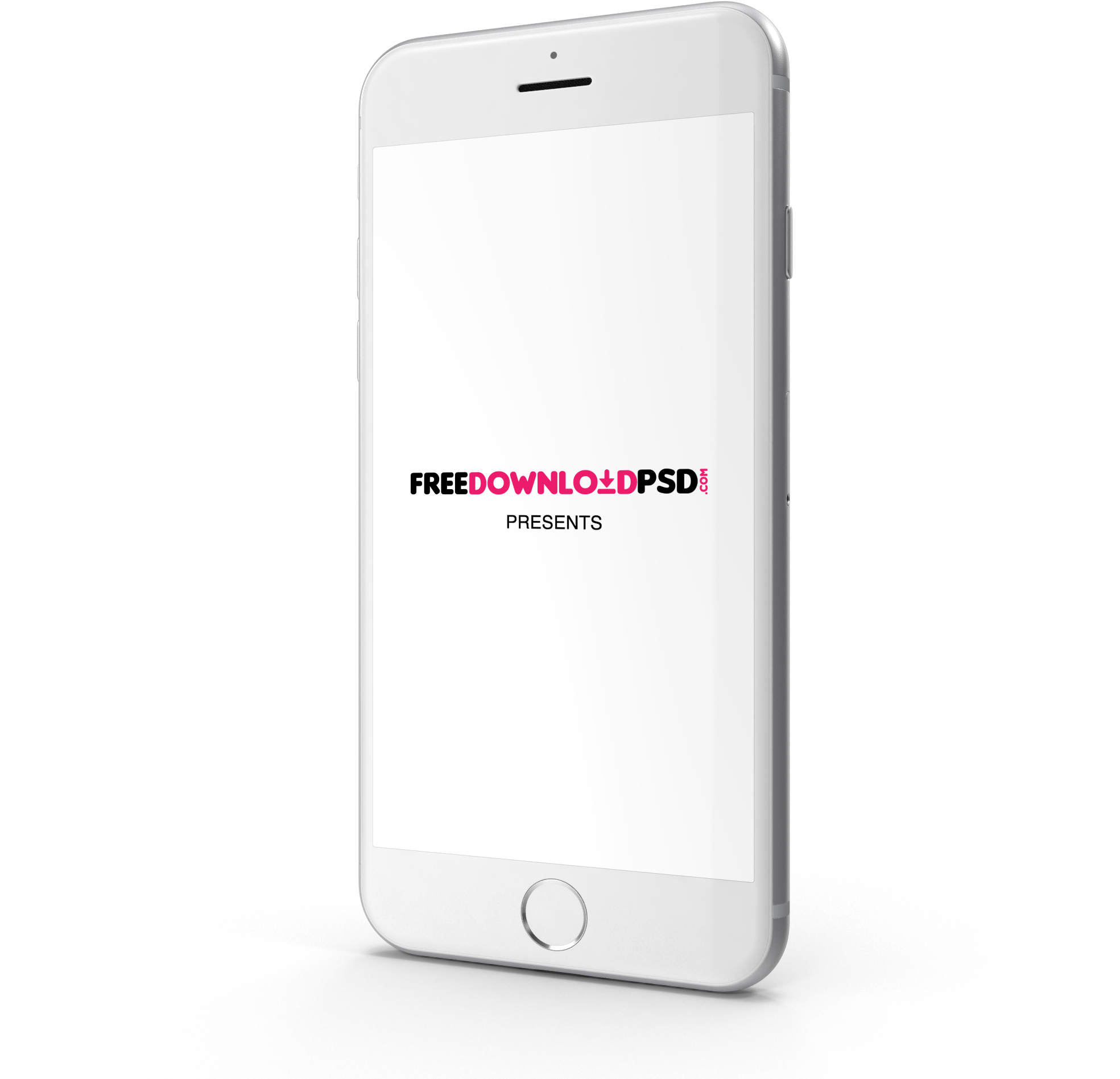 白色iPhone模型展示 壁紙 — 一部白色智能手機在黑色背景上顯示文字「FREEDOWNLOADPSD.COM PRESENTS」。