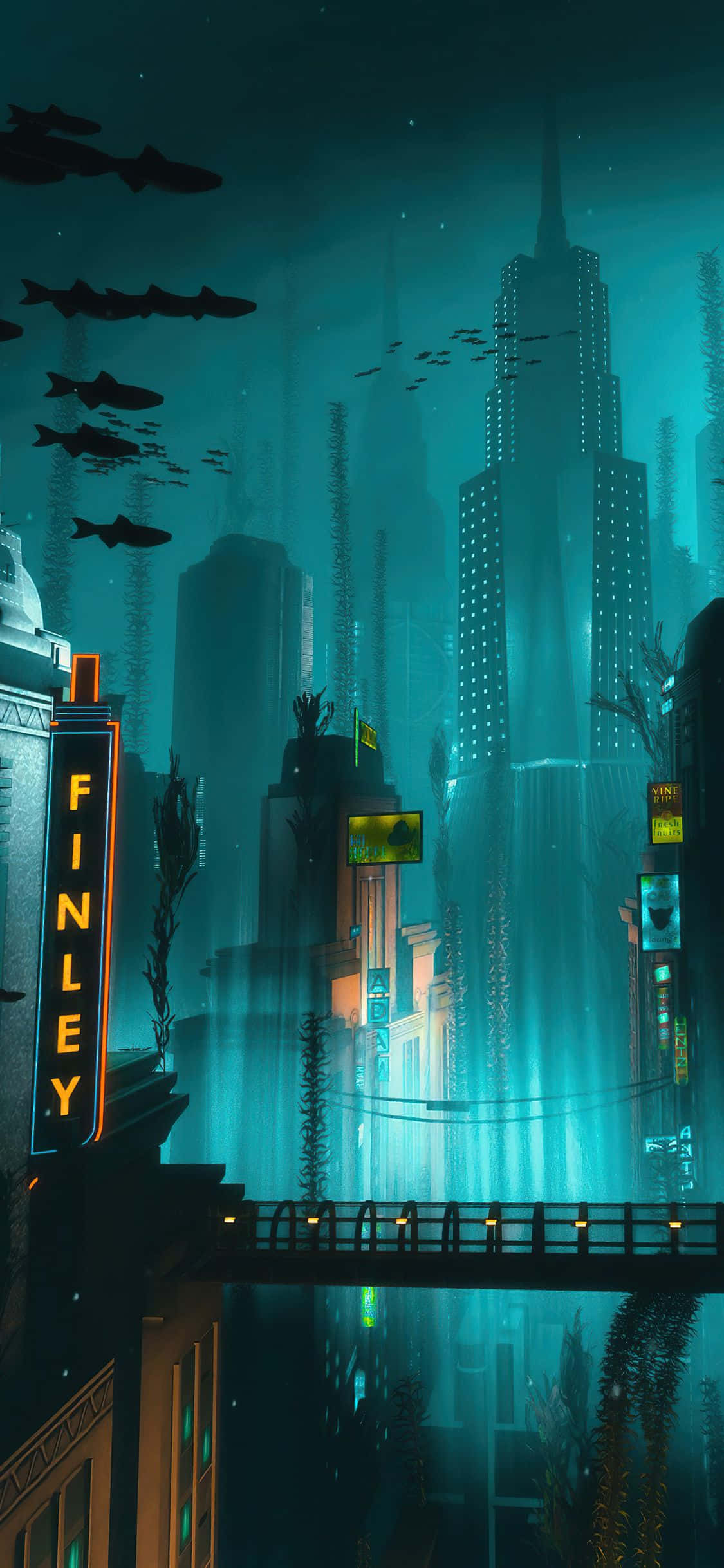 喺 iPhone 上享受 Bioshock 嘅精彩 4K 畫質 壁紙 — 一個霓虹燈照亮的水下城市景觀，有高聳的摩天大樓和發光的標誌，魚群在迷霧般的藍色深處游動。